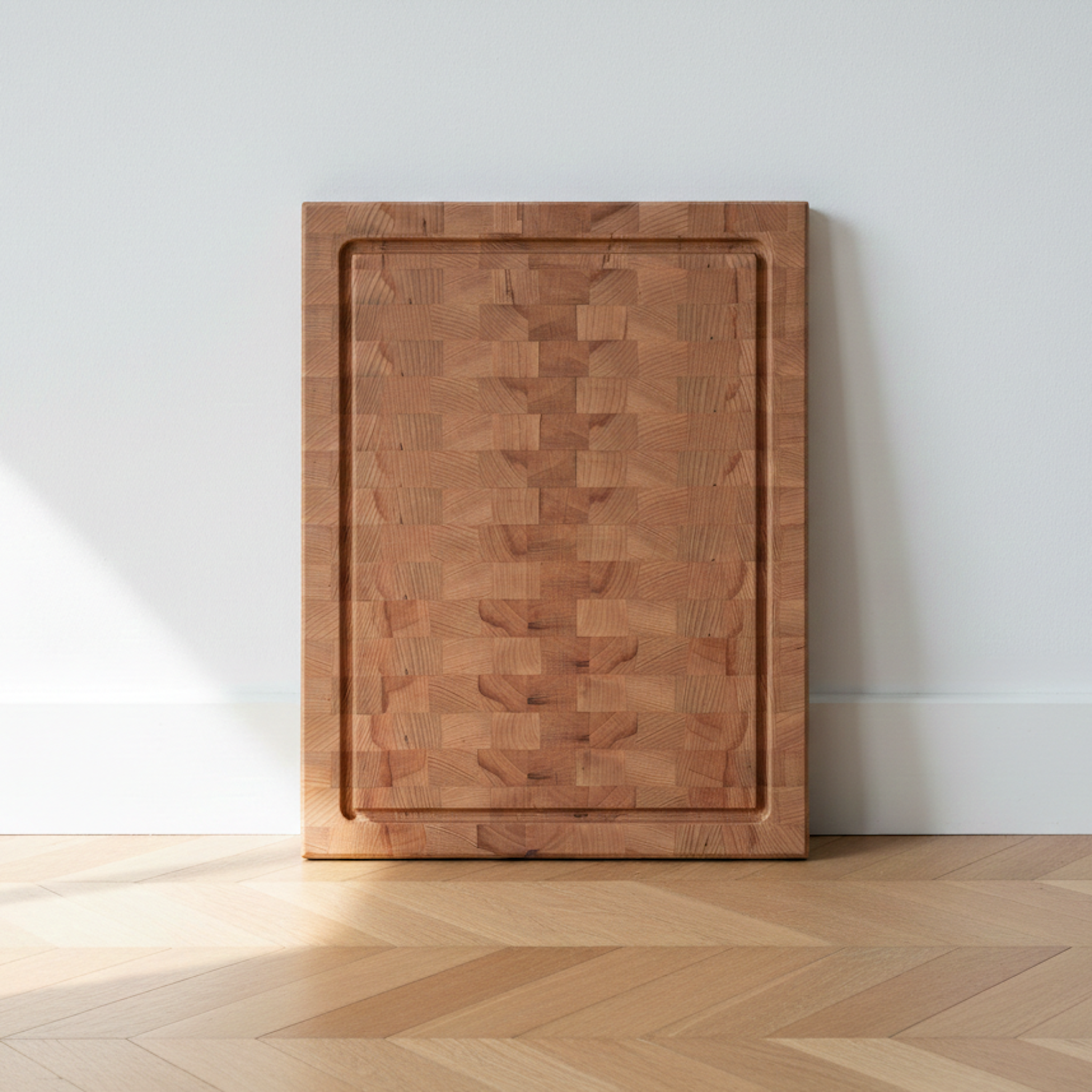 Stirnholz Schneidebrett aus Buche Massivholz mit Saftrille stehend vor weißer Wand auf Holzfußboden