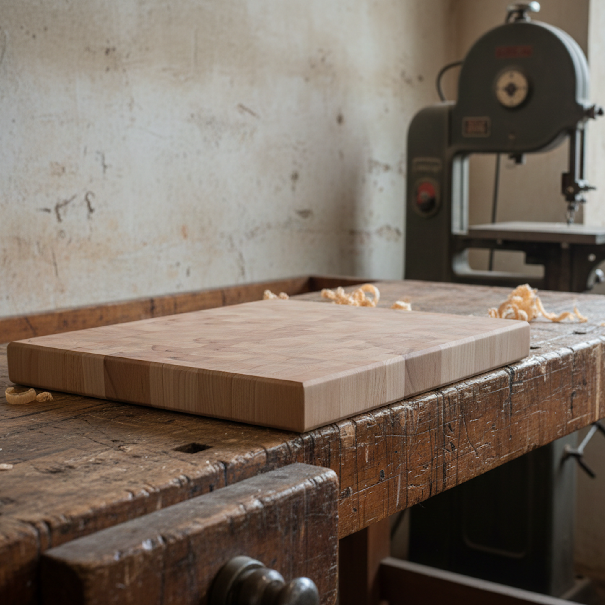 Stirnholz Schneidebrett aus Buche Massivholz auf traditioneller Schreinerwerkbank in der Werkstatt, handgefertigte Qualität von Holz Leidenschaft