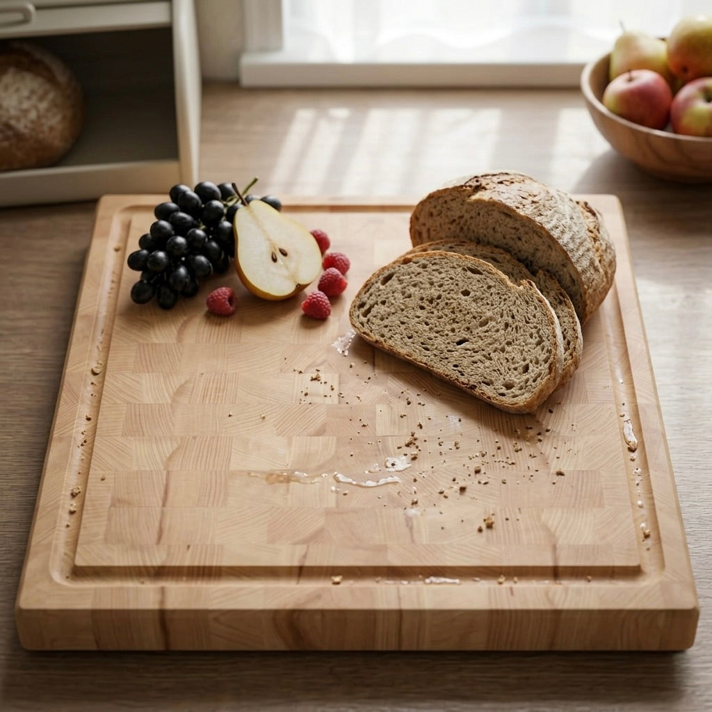 Stirnholz Schneidebrett aus Buche mit Saftrille, belegt mit Brot, Trauben und Obst in heller Küche