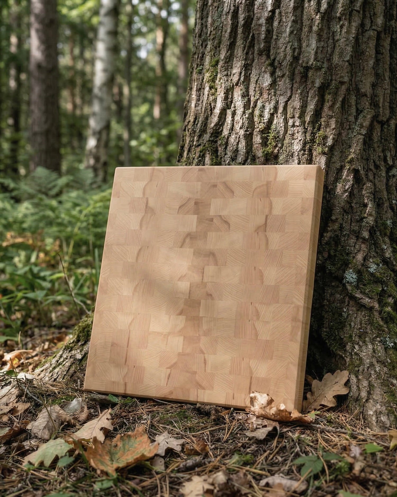 Stirnholz Schneidebrett aus Buche vor Baumstamm im Wald, natürliche Umgebung mit Laub und Moos