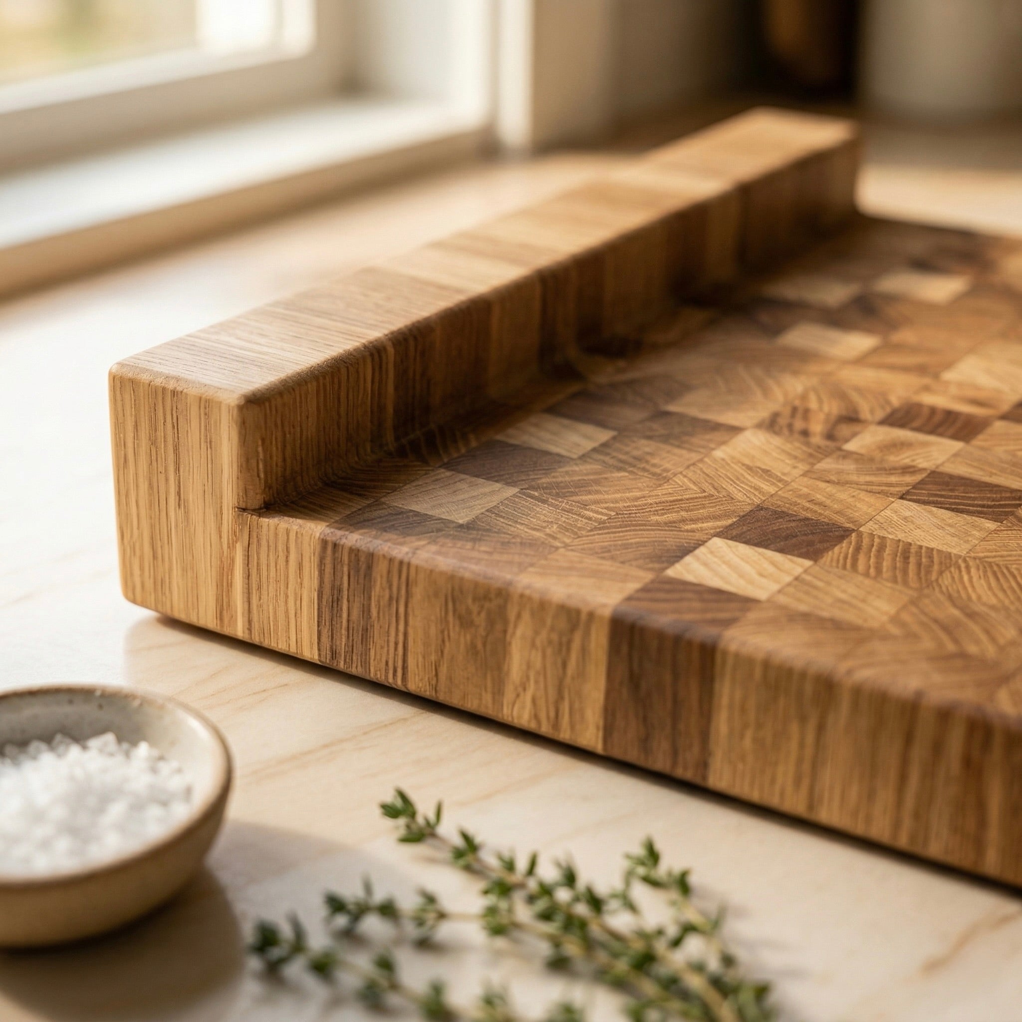 Detailaufnahme eines Stirnholz Schneidebretts aus Eiche mit Anschlagkante und sichtbarer Holzstruktur