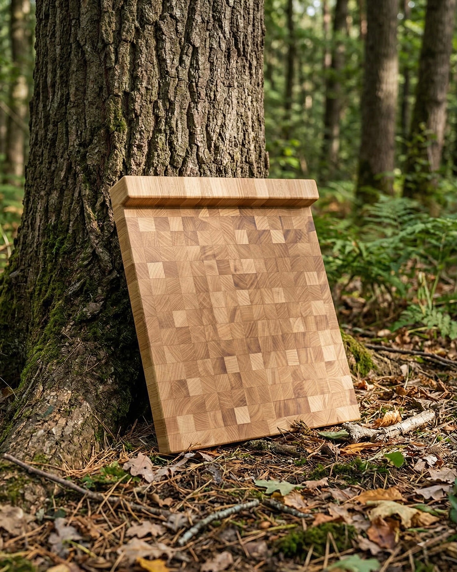 Stirnholz Schneidebrett aus Eiche mit Anschlagkante an Baumstamm im Wald, natürliche Umgebung