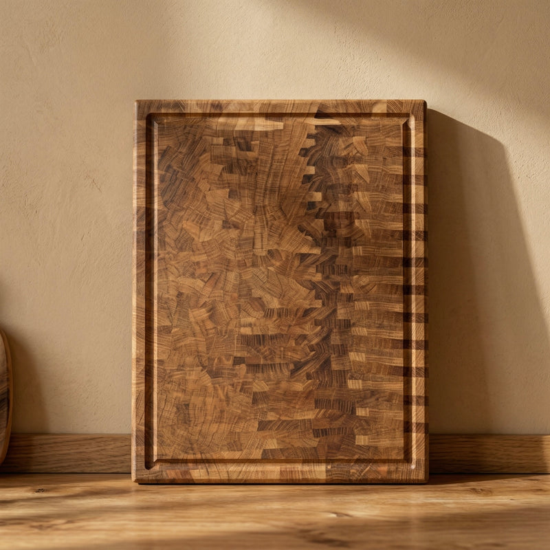 Stirnholz Schneidebrett aus Eiche frontal an Wand gelehnt mit Saftrille und markanter Holzstruktur in warmer Lichtstimmung