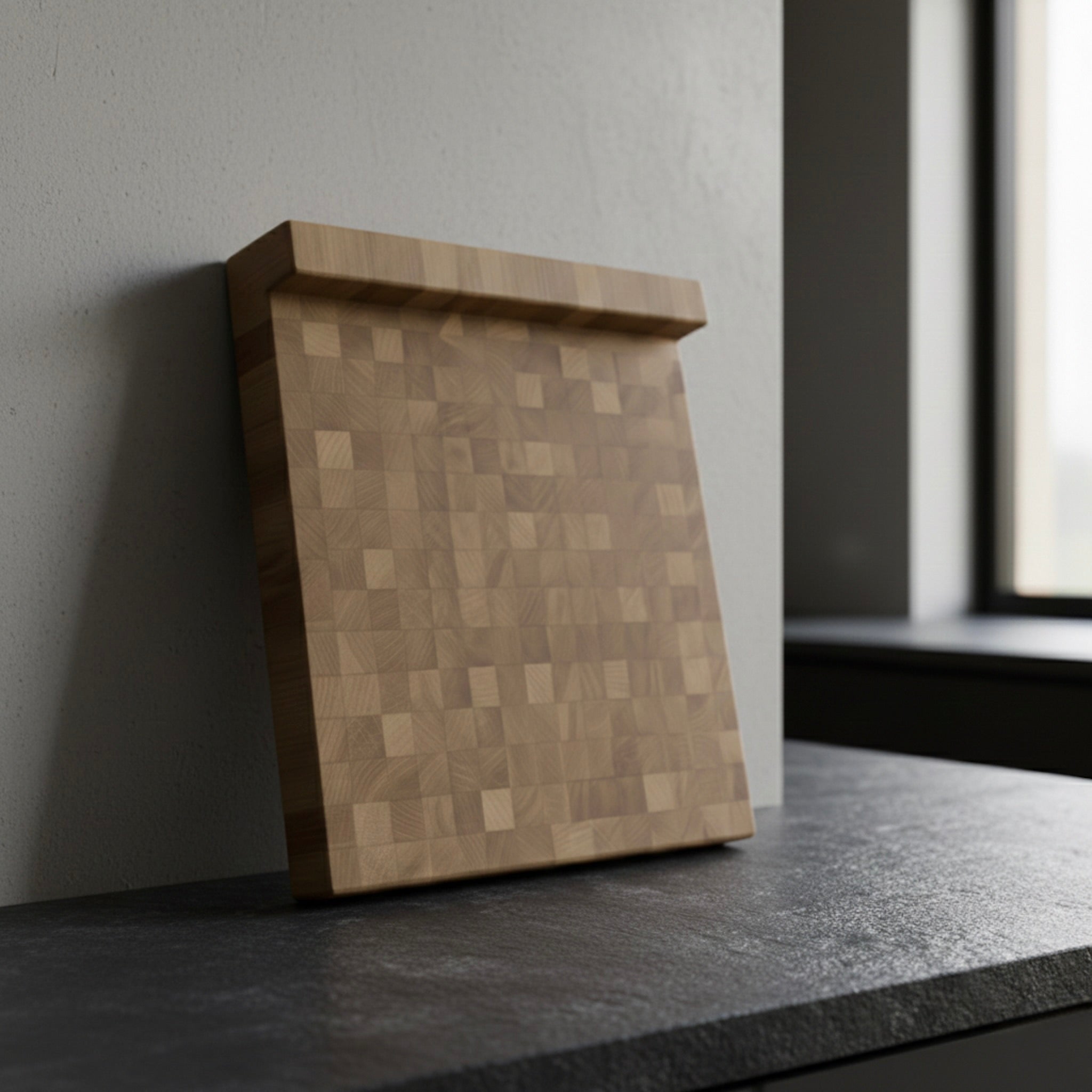 Stirnholz Schneidebrett aus Eiche Massivholz mit Anschlagkante, handgefertigt, an Küchenwand angelehnt auf dunkler Arbeitsplatte