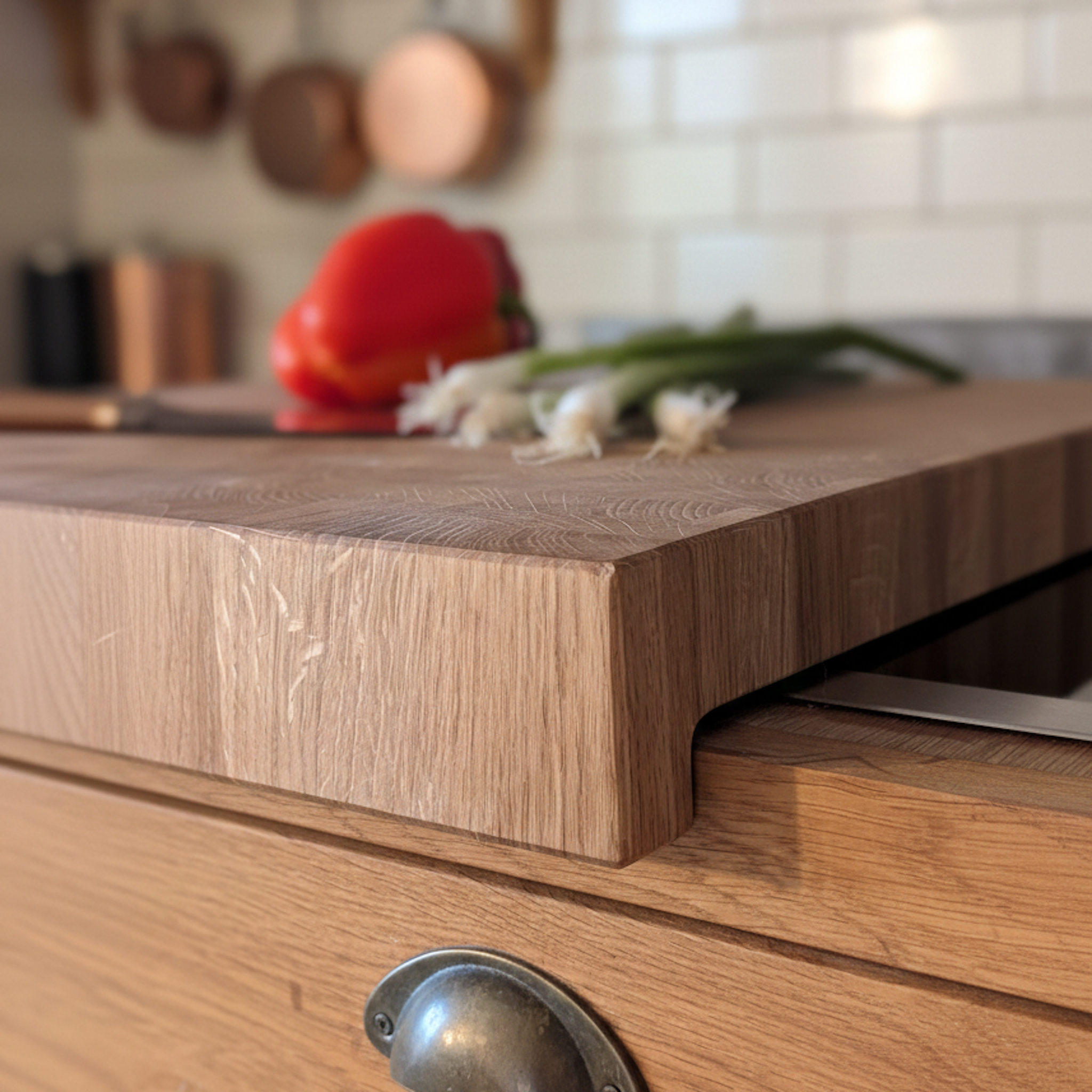 Stirnholz Schneidebrett aus Eiche Massivholz mit Anschlagkante im Einsatz auf der Küchenarbeitsplatte