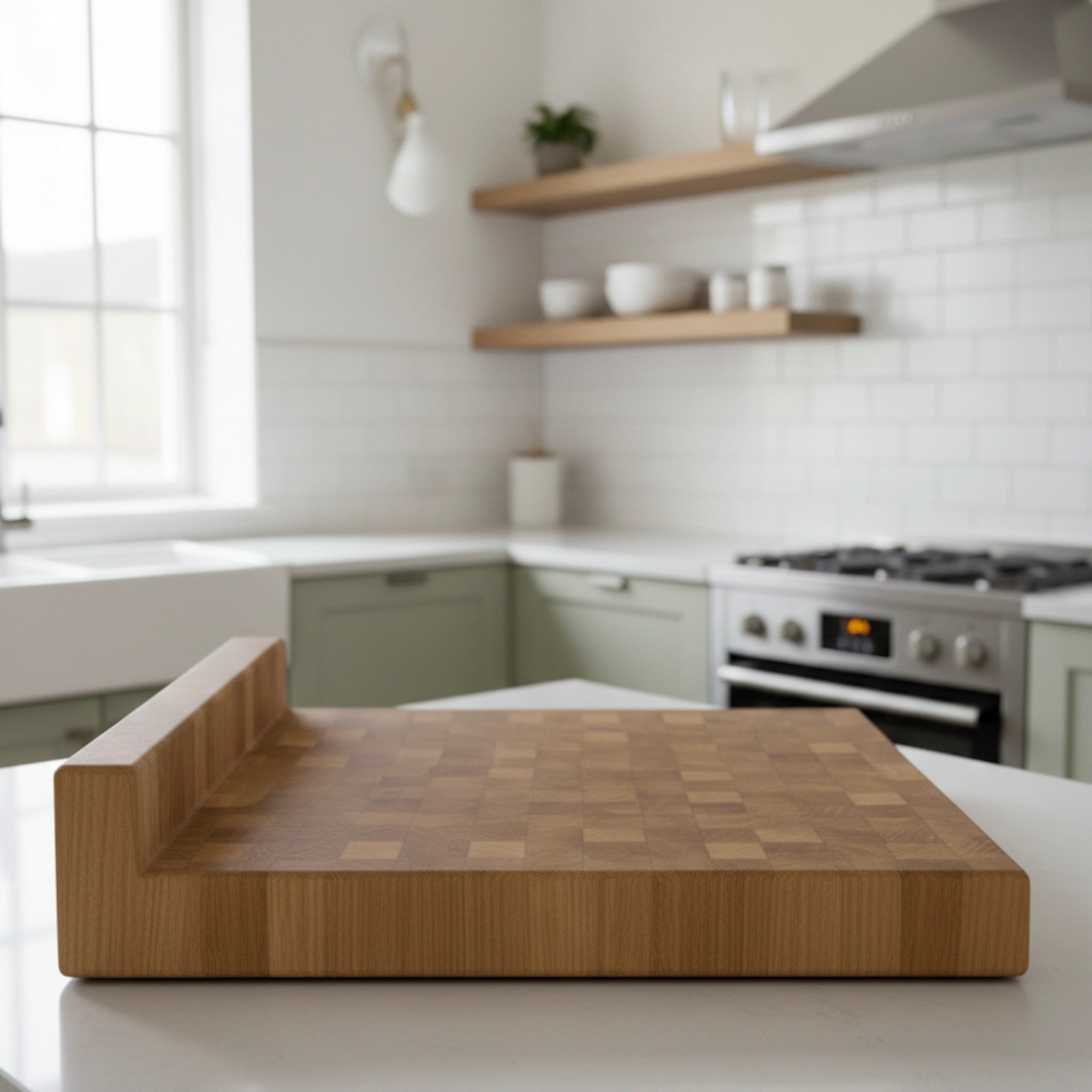 Stirnholz Schneidebrett aus Eiche Massivholz mit Anschlagkante in moderner Küche, Seitenansicht auf heller Arbeitsfläche