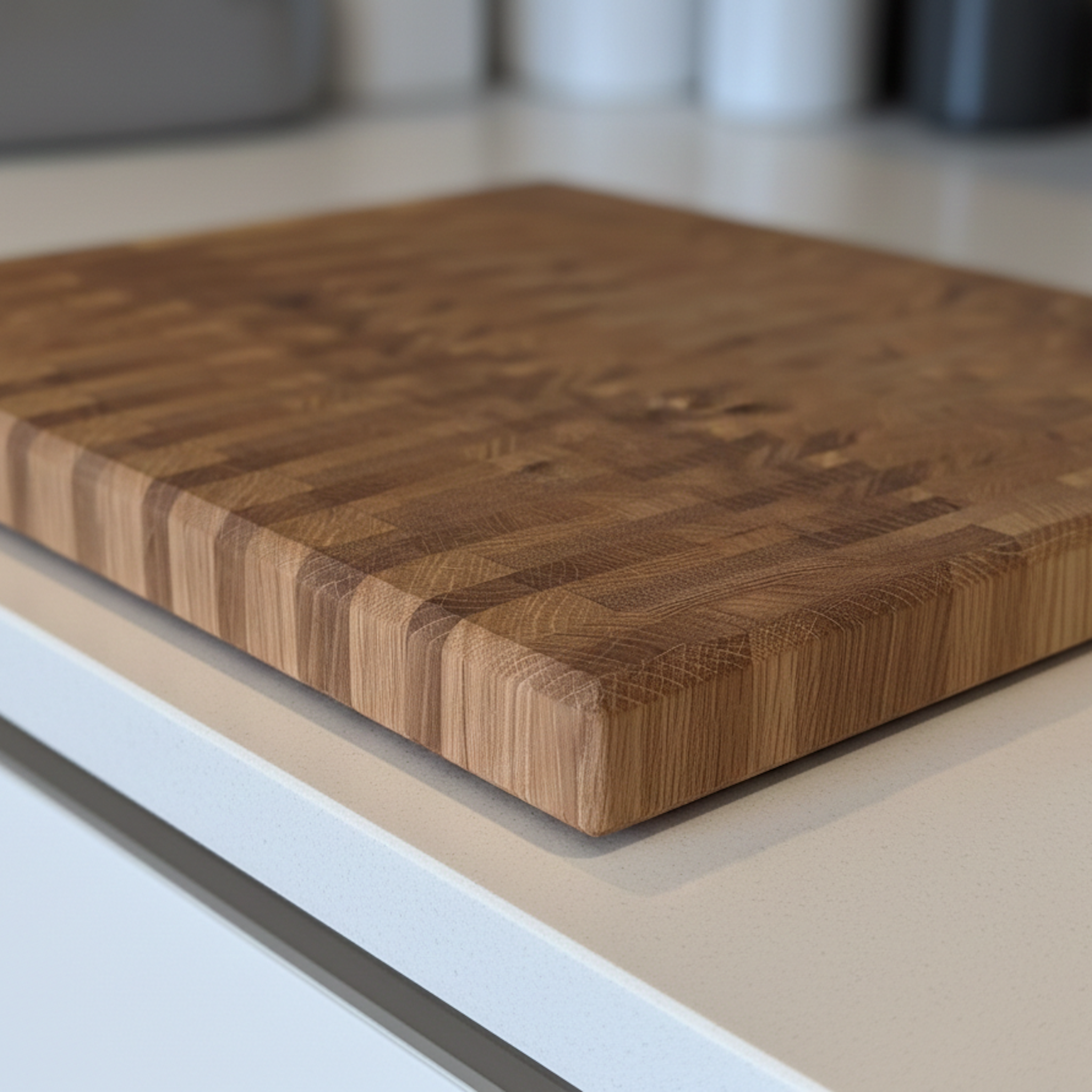 Detailansicht der Kante eines Stirnholz-Schneidebretts aus Eiche Massivholz