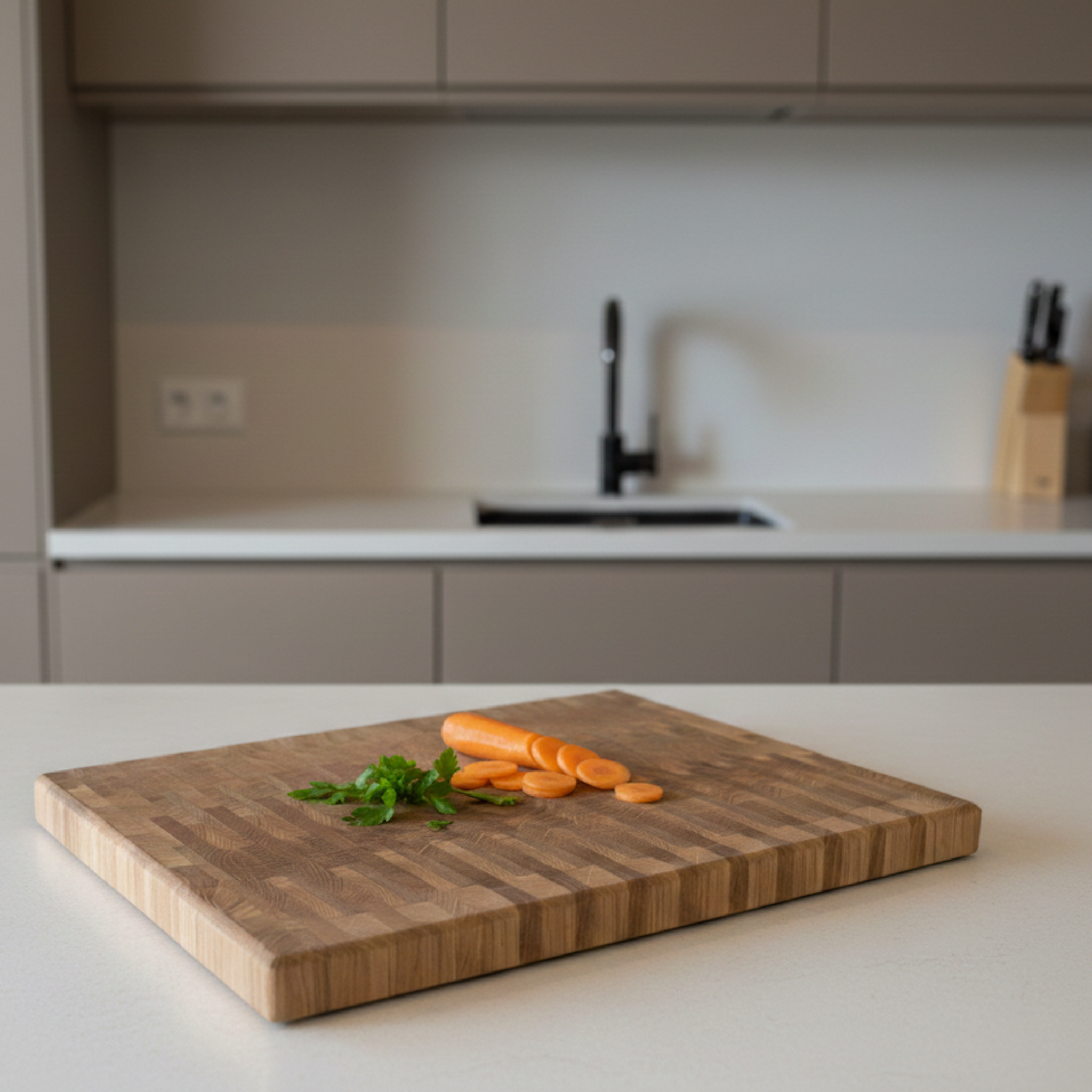 Stirnholz-Schneidebrett aus Eiche Massivholz beim Schneiden von Gemüse in moderner Küche