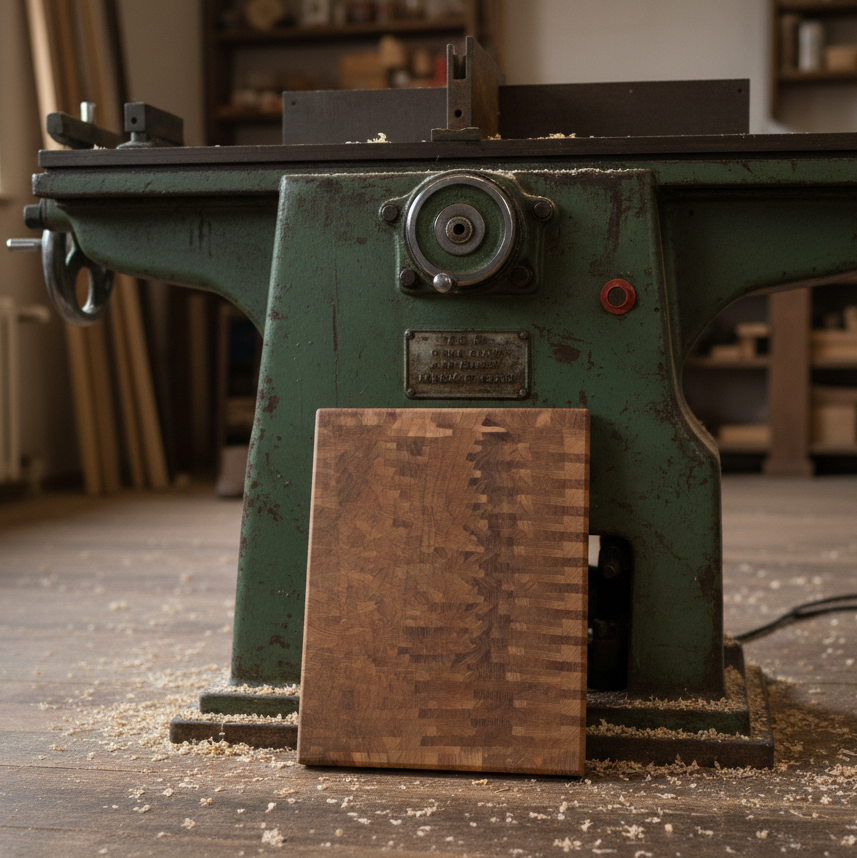 Stirnholz-Schneidebrett aus Eiche Massivholz vor alter Schreinermaschine in der Werkstatt