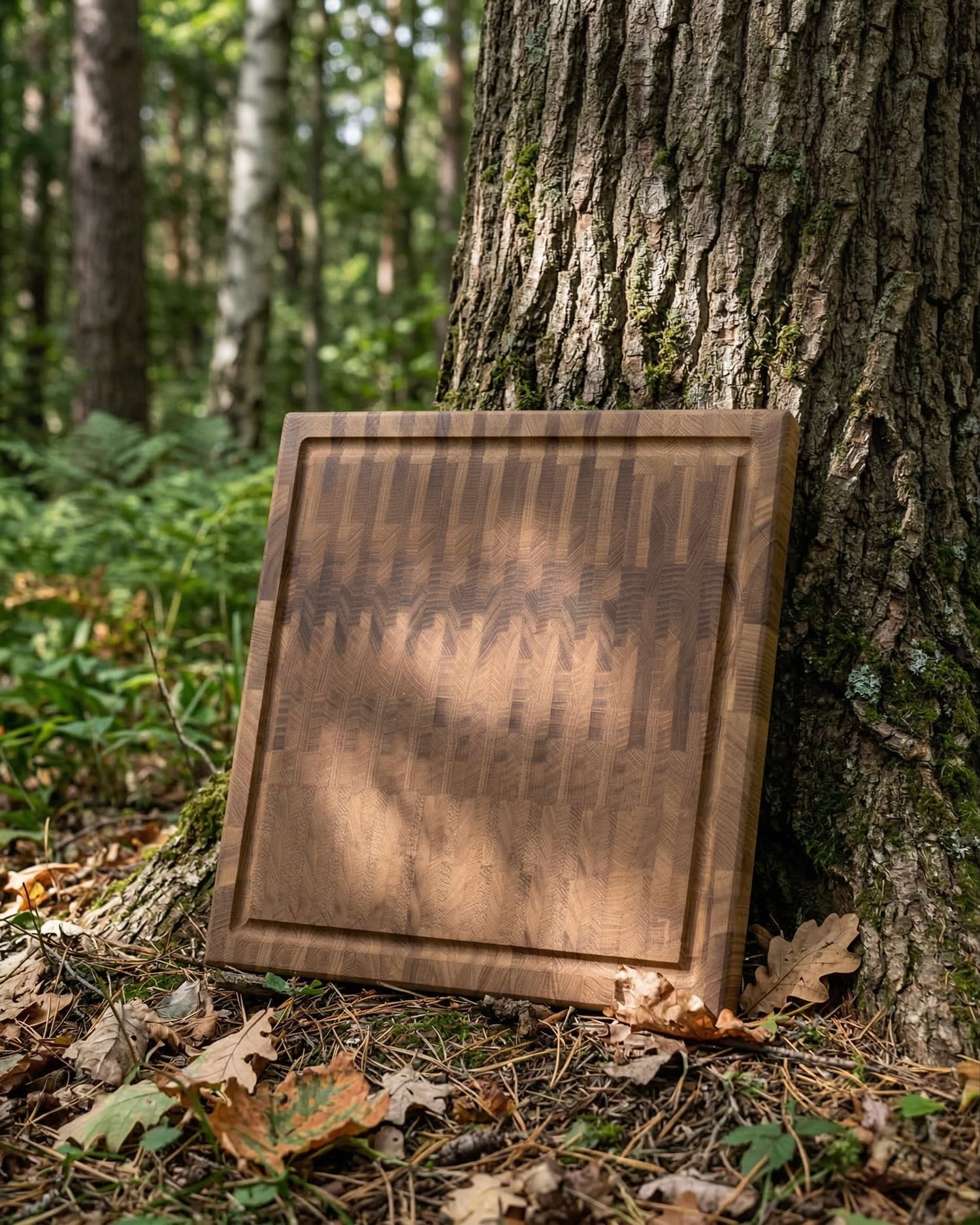 Stirnholz Schneidebrett aus Eiche mit Saftrille an Baumstamm im Wald, warme Lichtstimmung