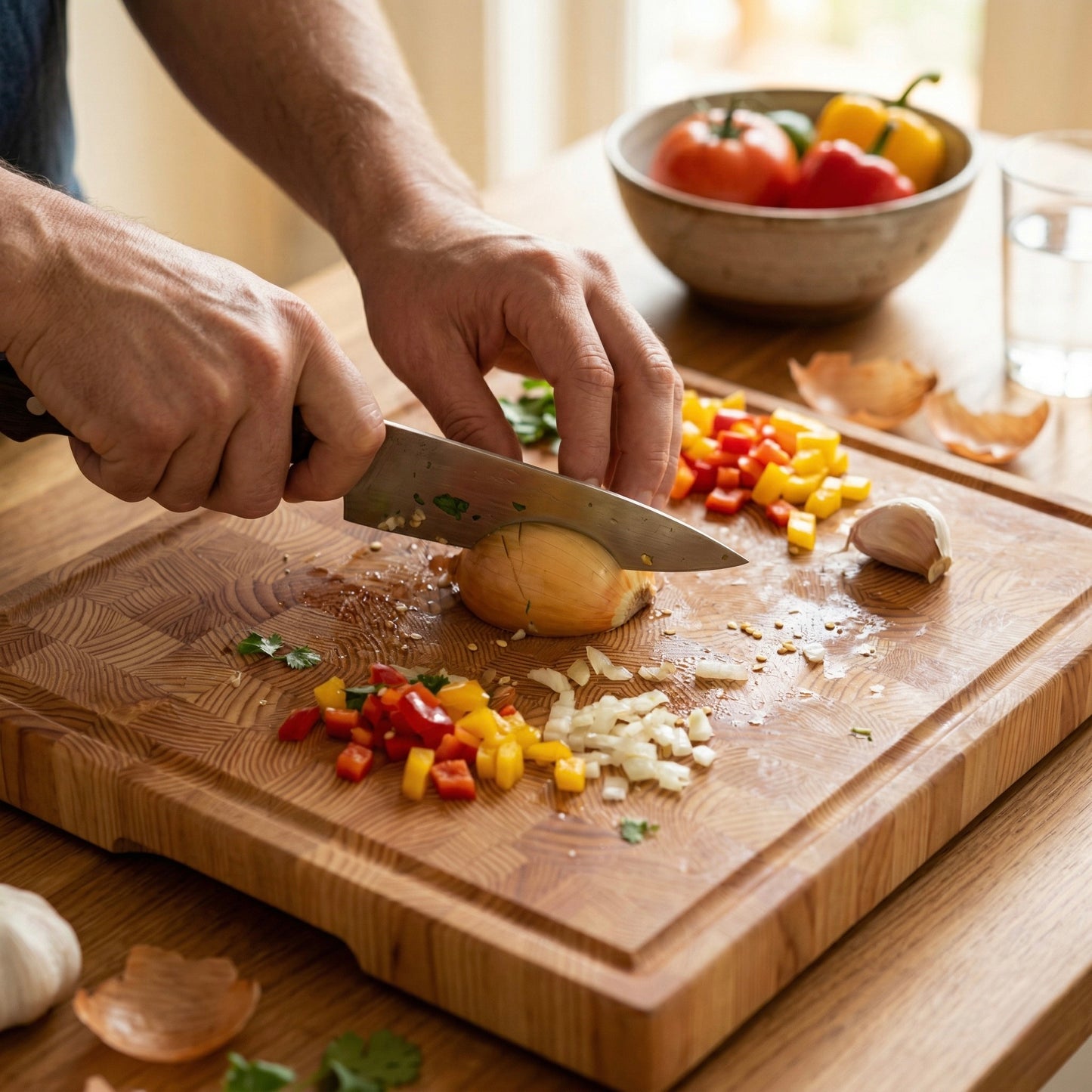 Stirnholz Schneidebrett aus Lärche in der Anwendung beim Schneiden von Zwiebeln und Paprika in einer warmen Küchenszene