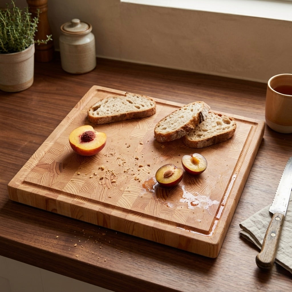 Stirnholz Schneidebrett aus Lärche mit Brot und Pflaumen, Saftrille fängt Fruchtsaft auf, in warmer Küchenszene