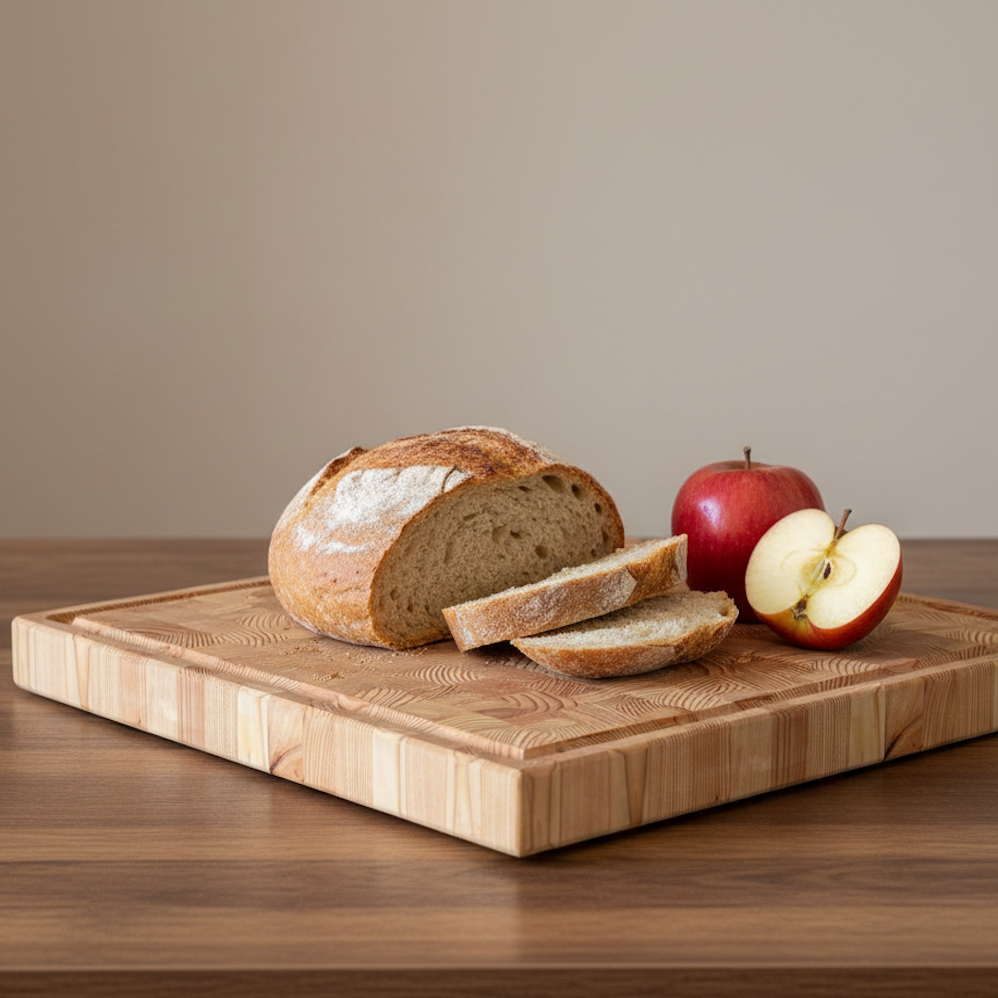 Stirnholz Schneidebrett aus Lärche Massivholz mit Saftrille, belegt mit frischem Brot und Apfel – handgefertigtes Schneidebrett von Holz Leidenschaft