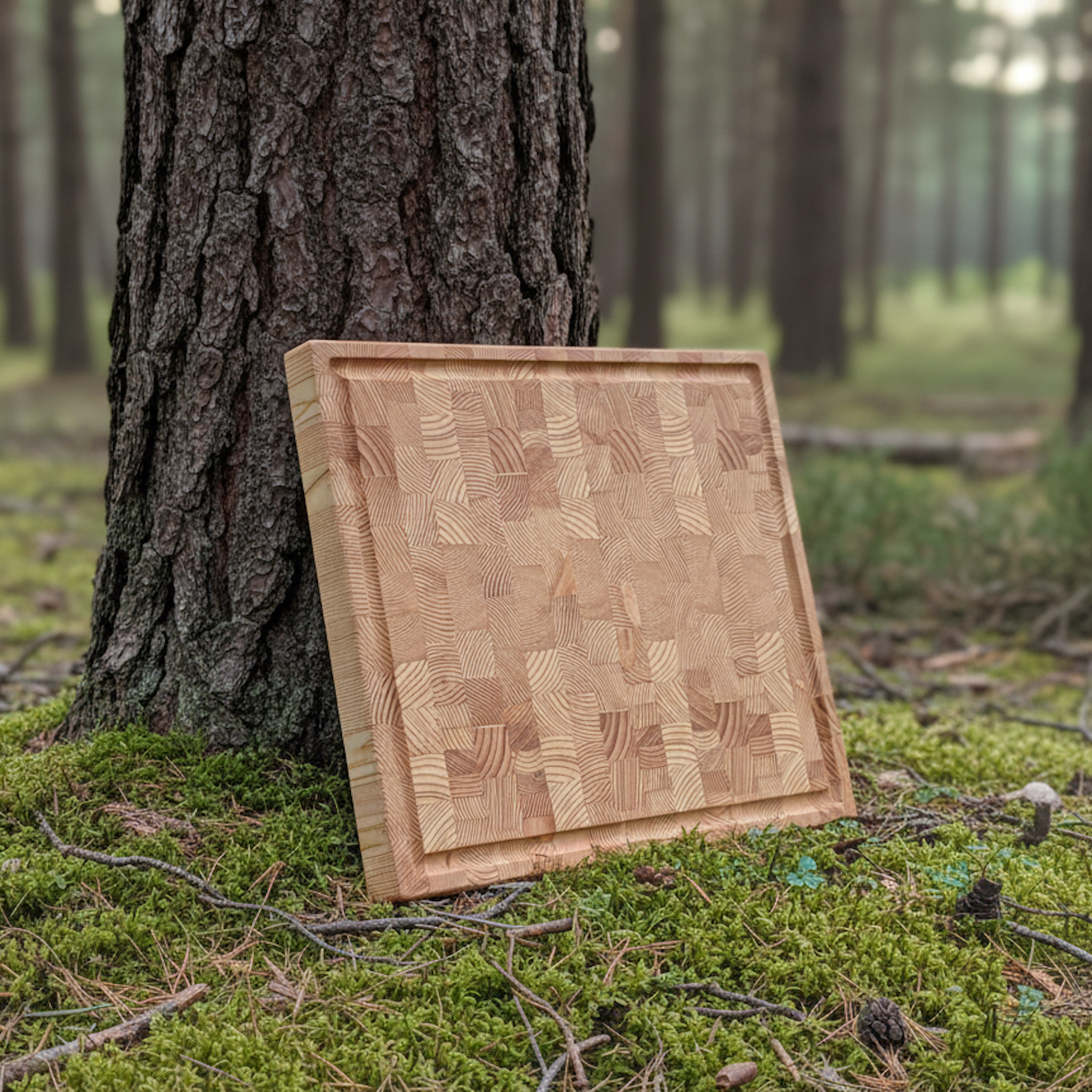 Stirnholz Schneidebrett aus Lärche Massivholz mit Saftrille im Wald – handgefertigt, naturverbunden und besonders robust