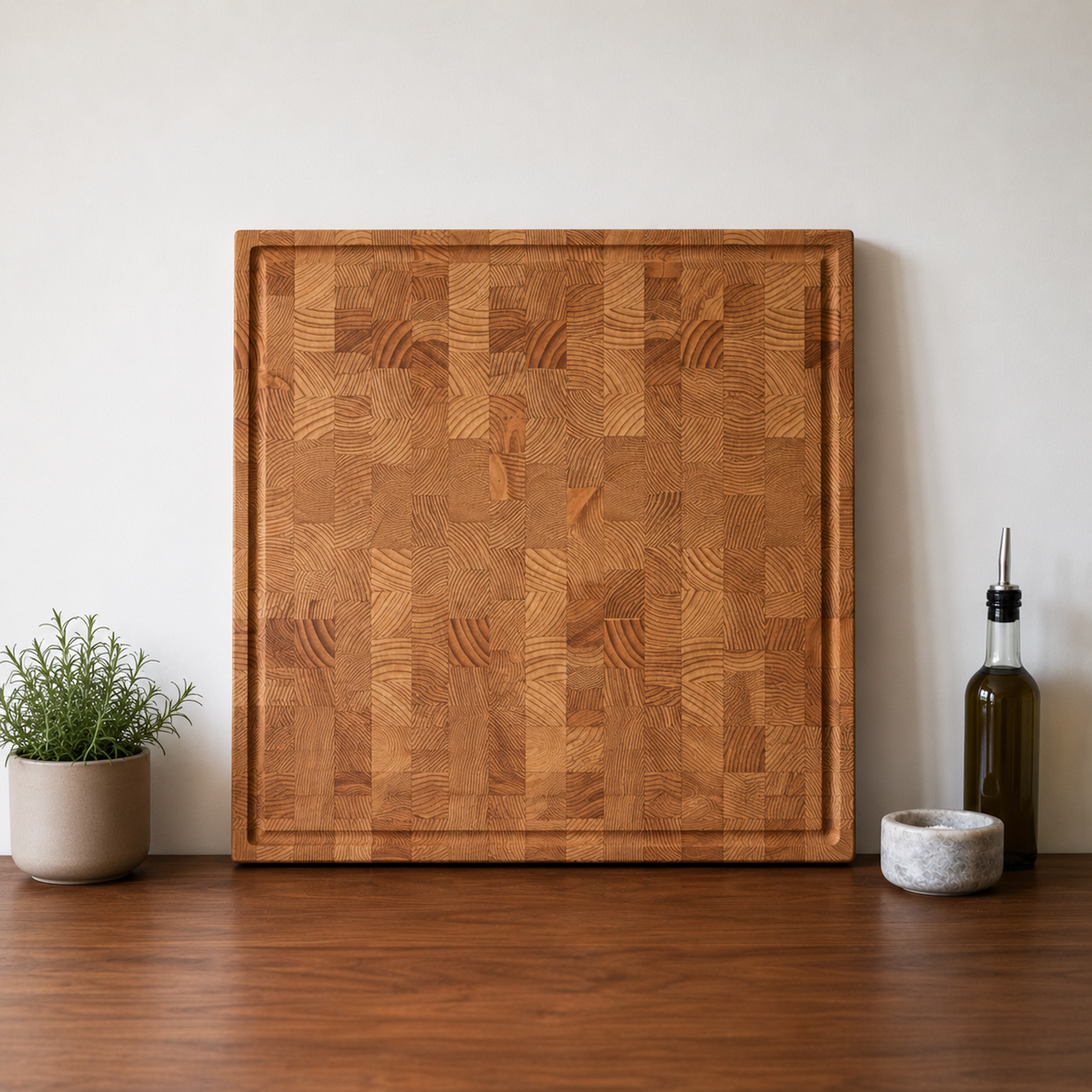 Handgefertigtes Stirnholz-Schneidebrett aus massiver Lärche mit Saftrille in moderner, natürlicher Küchenatmosphäre mit warmer Holzoptik.
