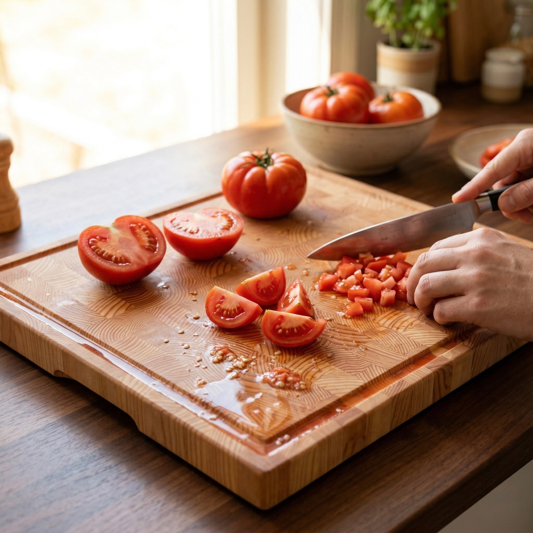 Stirnholz Schneidebrett aus Lärche beim Schneiden von Tomaten mit Saftrille, die austretenden Saft auffängt, in warmer Küchenszene