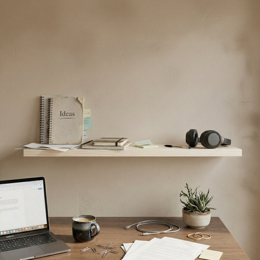 Schwebendes Wandregal aus Ahorn furniert über einem Schreibtisch mit Notizbüchern, Kopfhörern und Laptop in einem modernen, minimalistischen Arbeitsbereich