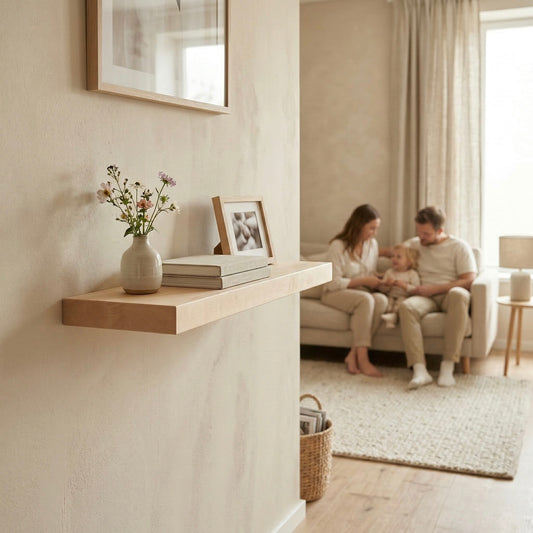 Schwebendes Wandregal aus Ahorn massiv mit Dekoration im Wohnzimmer mit Familie im Hintergrund