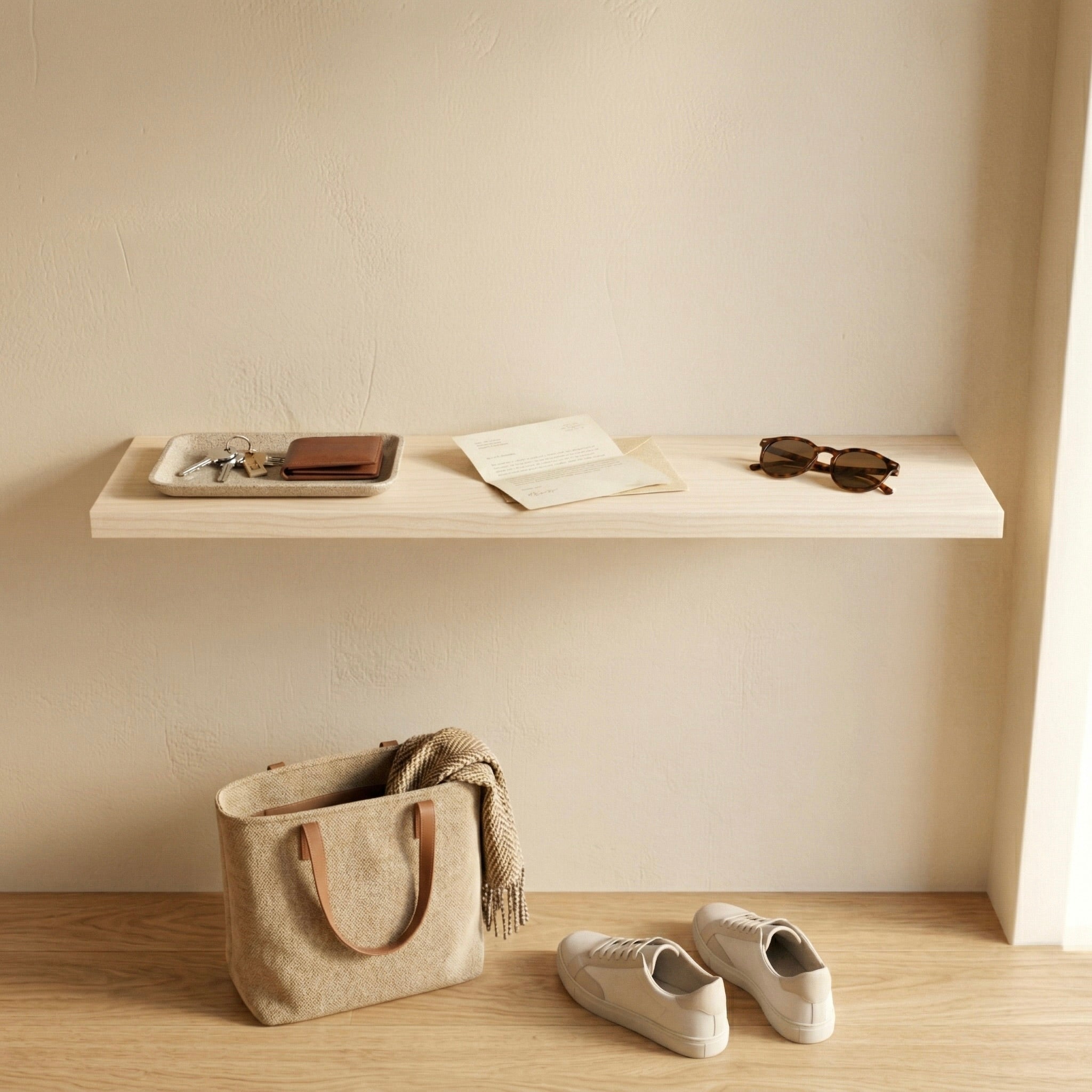 Schwebendes Wandregal aus Ahorn im Flur mit Alltagsgegenständen wie Schlüssel, Sonnenbrille und Tasche