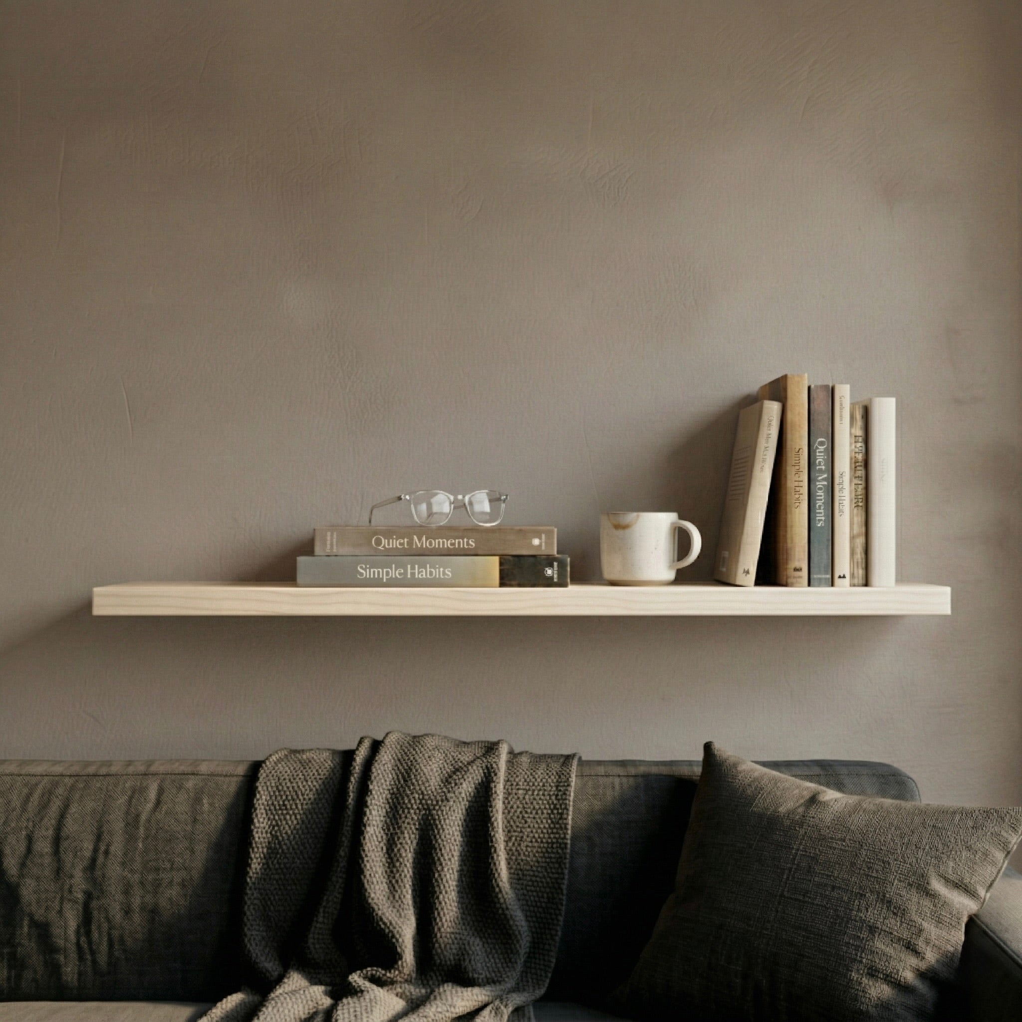 Schwebendes Wandregal aus Ahorn mit Büchern und Tasse über einem Sofa in ruhigem, hellem Wohnambiente