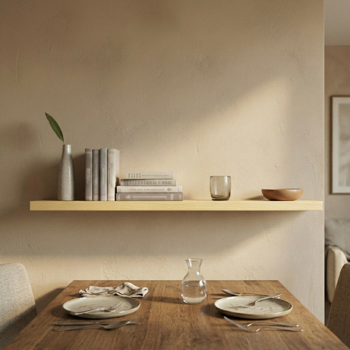 Schwebendes Wandregal aus Birke furniert über einem Esstisch mit Geschirr und dezenter Dekoration in einem warmen, minimalistischen Essbereich