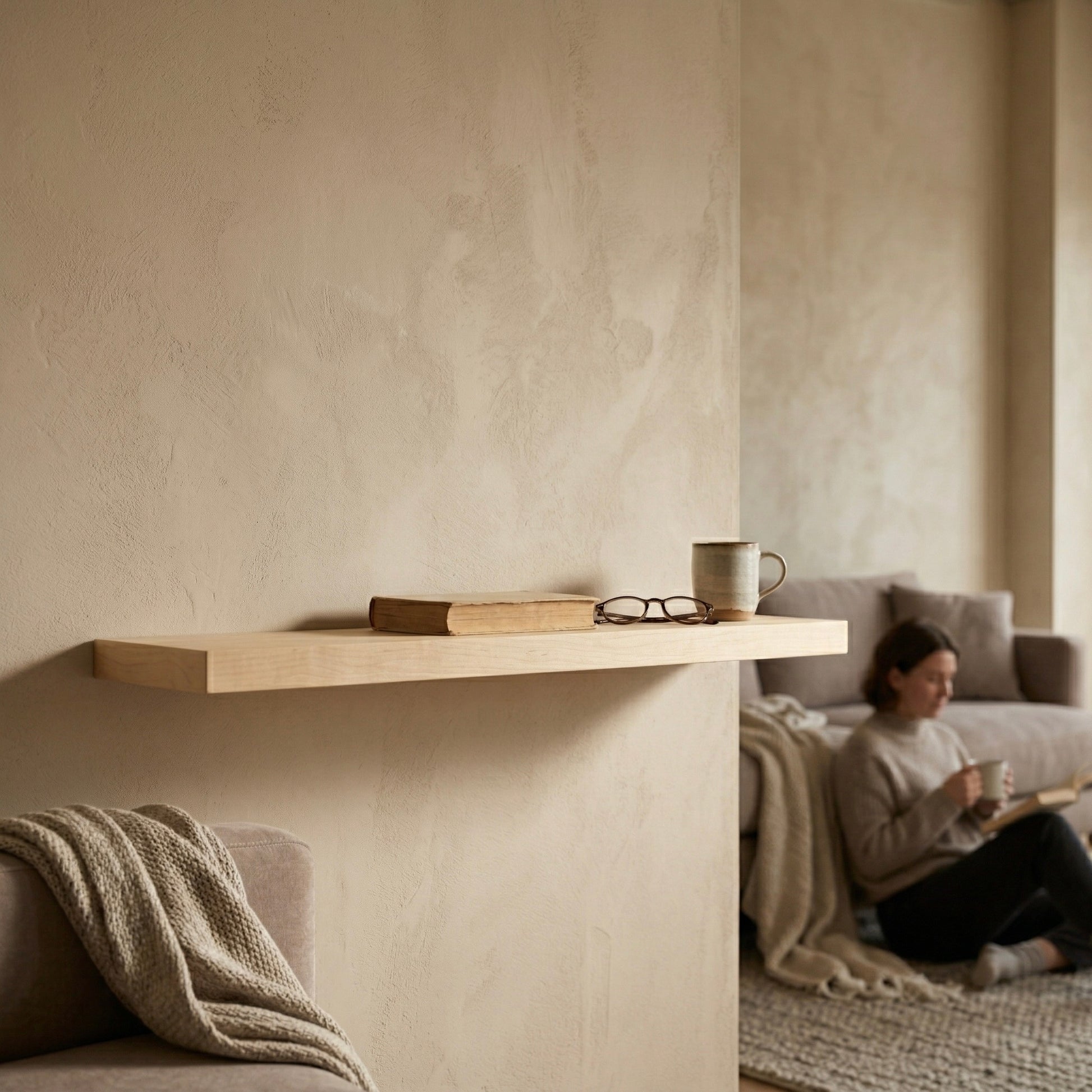 Schwebendes Wandregal aus Birke furniert in einem warmen Wohnzimmer mit Buch, Tasse und ruhiger Lesesituation im Hintergrund