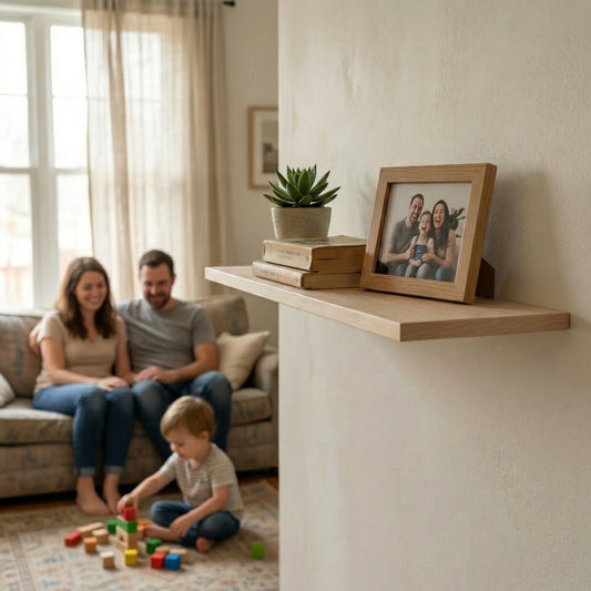 Schwebendes Wandregal aus Birke massiv mit Dekoration im Wohnzimmer mit Familie im Hintergrund