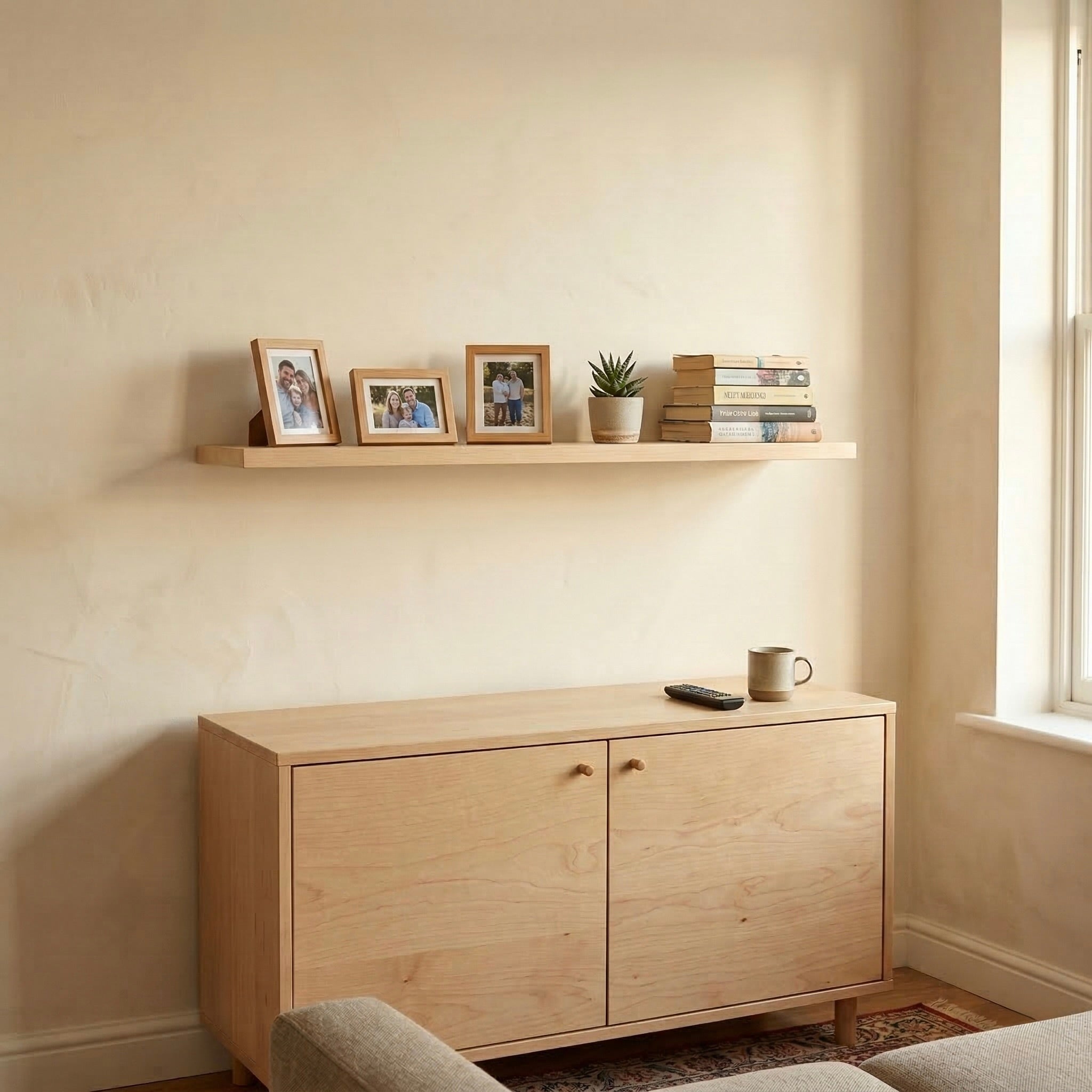 Schwebendes Wandregal aus Birke massiv über Sideboard im hellen Wohnzimmer
