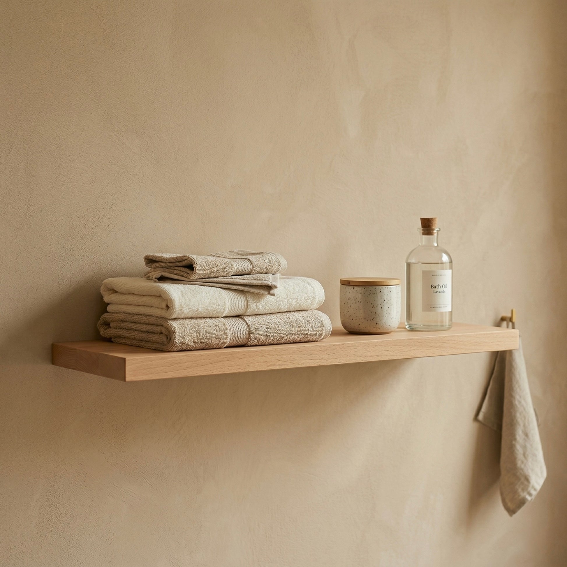 Schwebendes Wandregal aus Buche furniert im Badezimmer mit gefalteten Handtüchern und Pflegeprodukten in warmem, ruhigem Ambiente