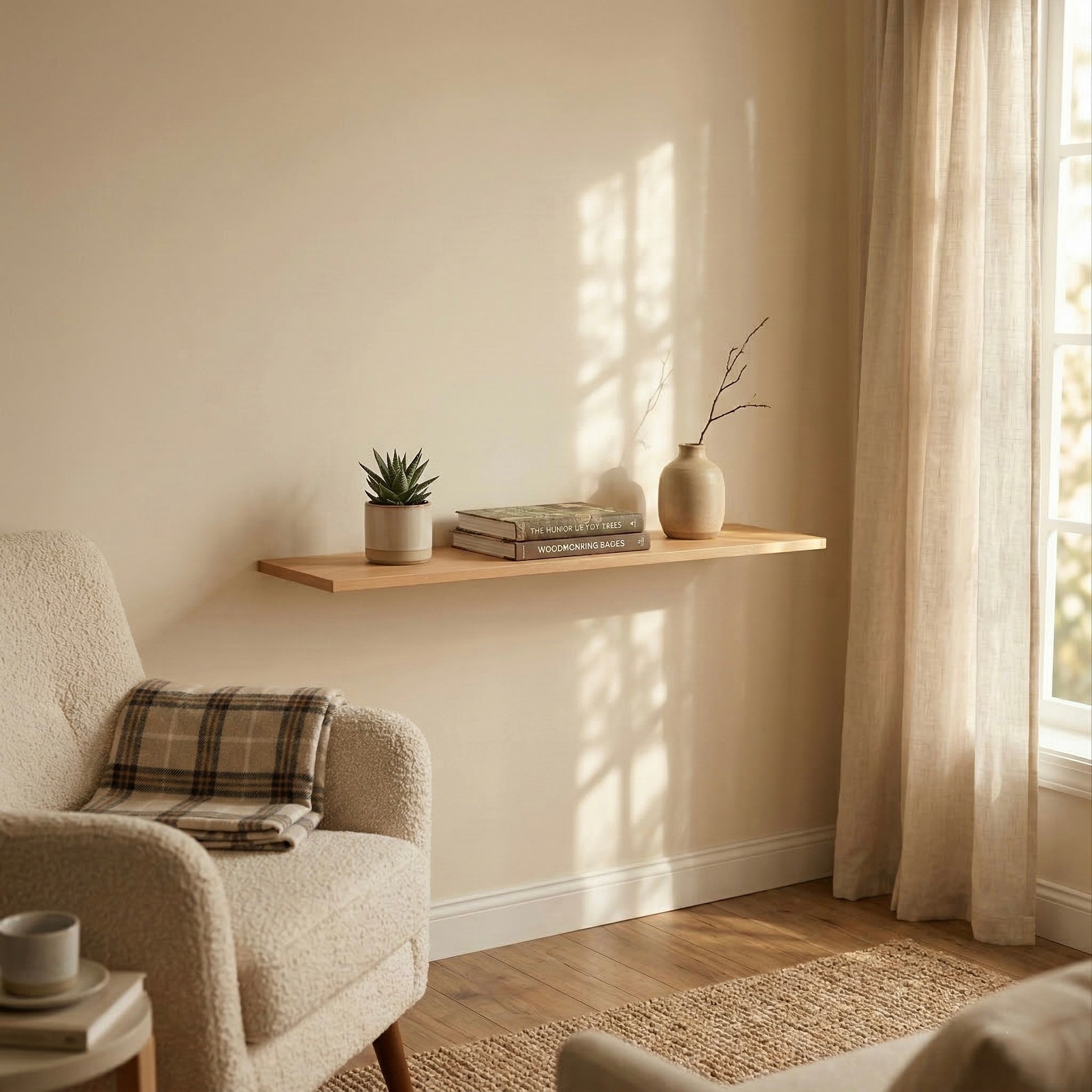 Massives Wandregal aus Buche mit Dekoration im hellen Wohnraum neben Sessel und Fenster