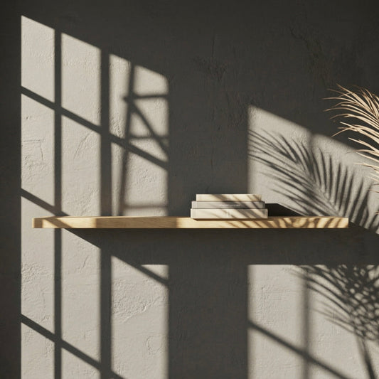 Schwebendes Wandregal aus Eiche Massivholz mit Büchern im starken Sonnenlicht, markante Fenster- und Pflanzenschatten auf der Wand