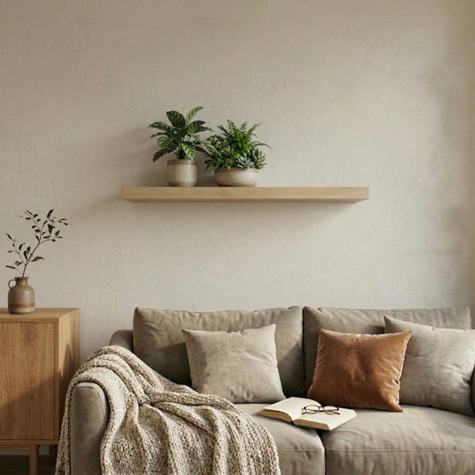 Schwebendes Wandregal aus massiver Eiche über einem Sofa mit Pflanzen und minimalistischer Einrichtung