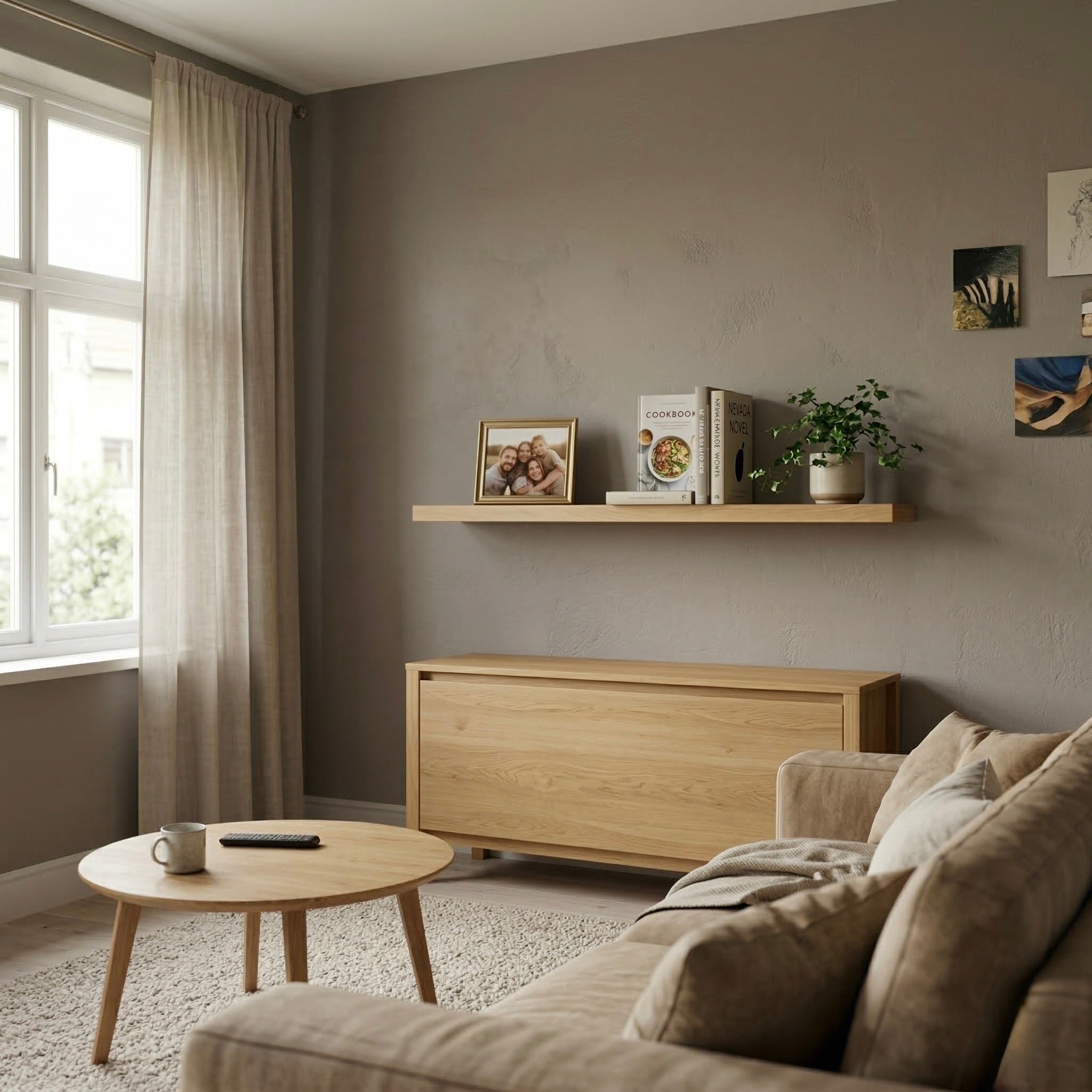 Schwebendes Wandregal aus Eiche massiv mit Büchern, Pflanze und Familienfoto über Sideboard im Wohnzimmer