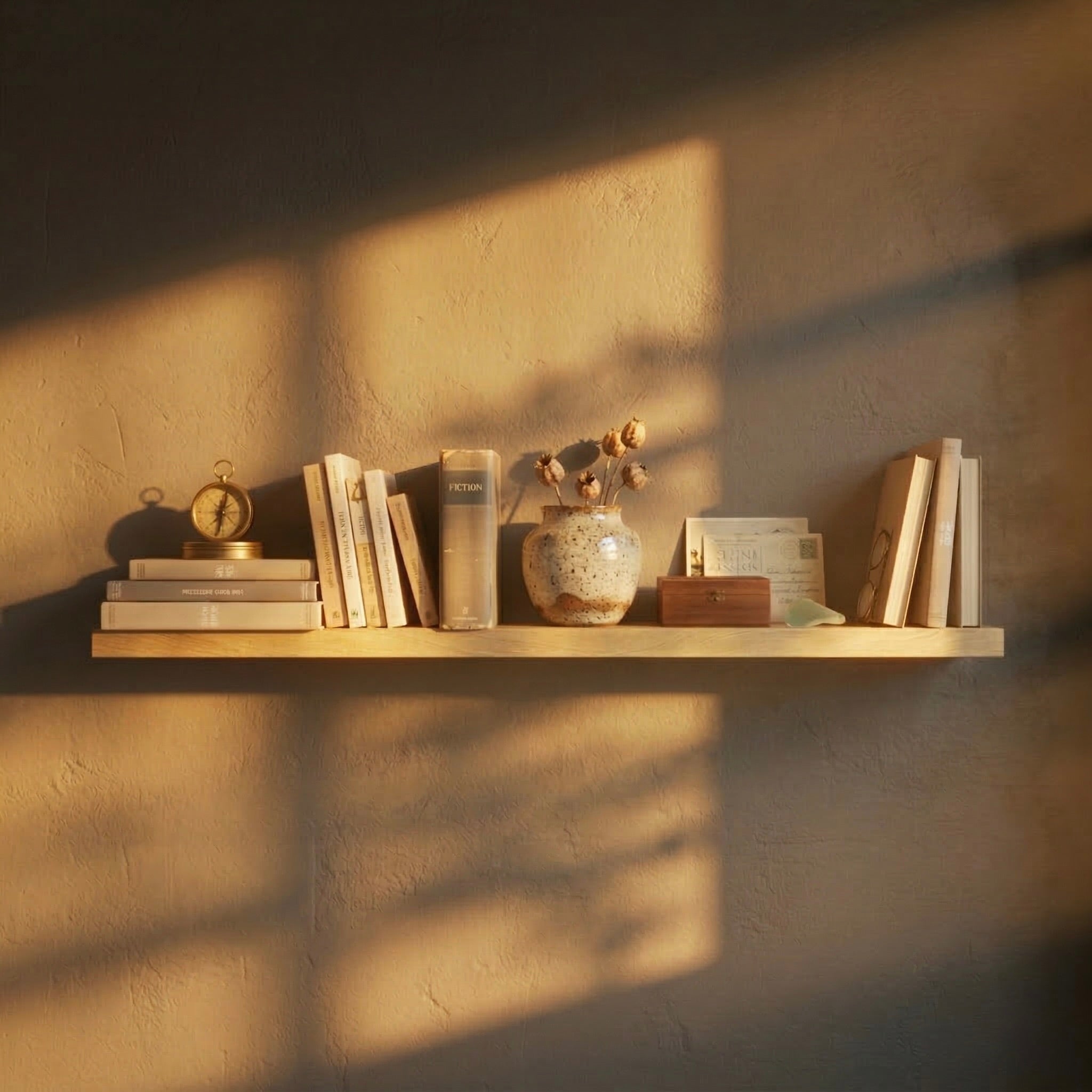 Schwebendes Wandregal aus Eiche mit Büchern und Dekoration in warmem Sonnenlicht an einer Wand