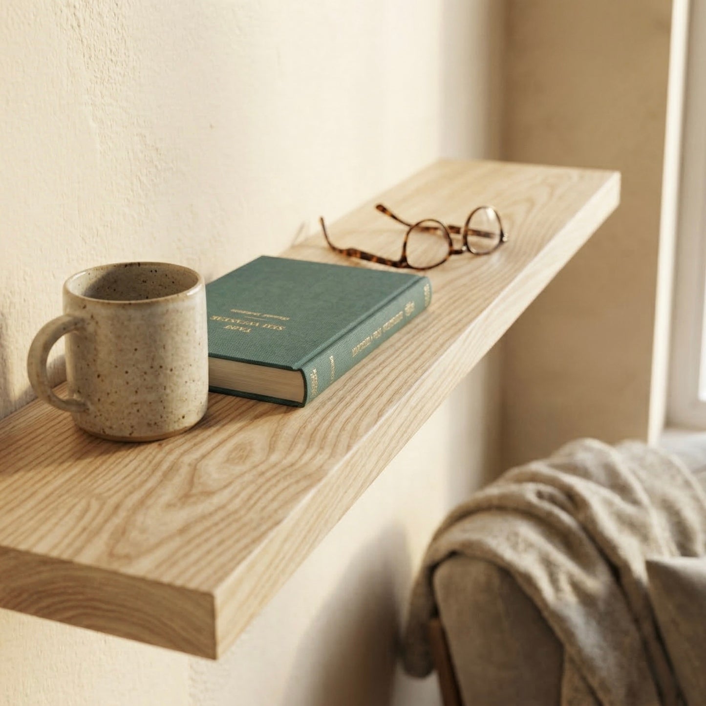 Detailaufnahme eines schwebenden Wandregals aus Esche Massivholz mit Buch, Keramiktasse und Brille neben Sofa in warmer Wohnatmosphäre
