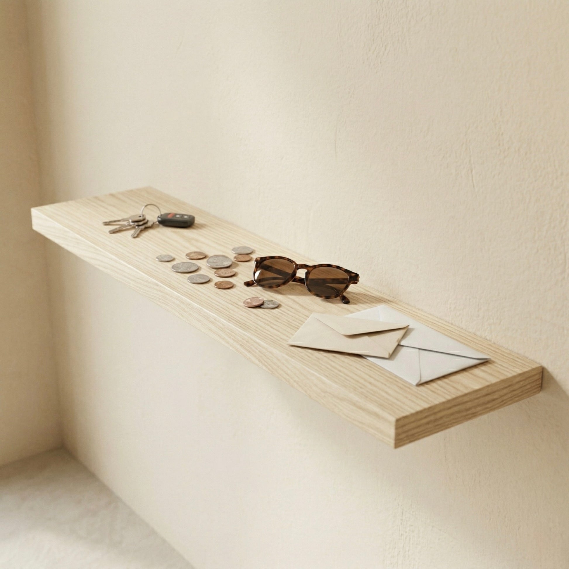 Schwebendes Wandregal aus Esche Massivholz mit Schlüsseln, Münzen, Sonnenbrille und Briefen in heller, minimalistischer Umgebung