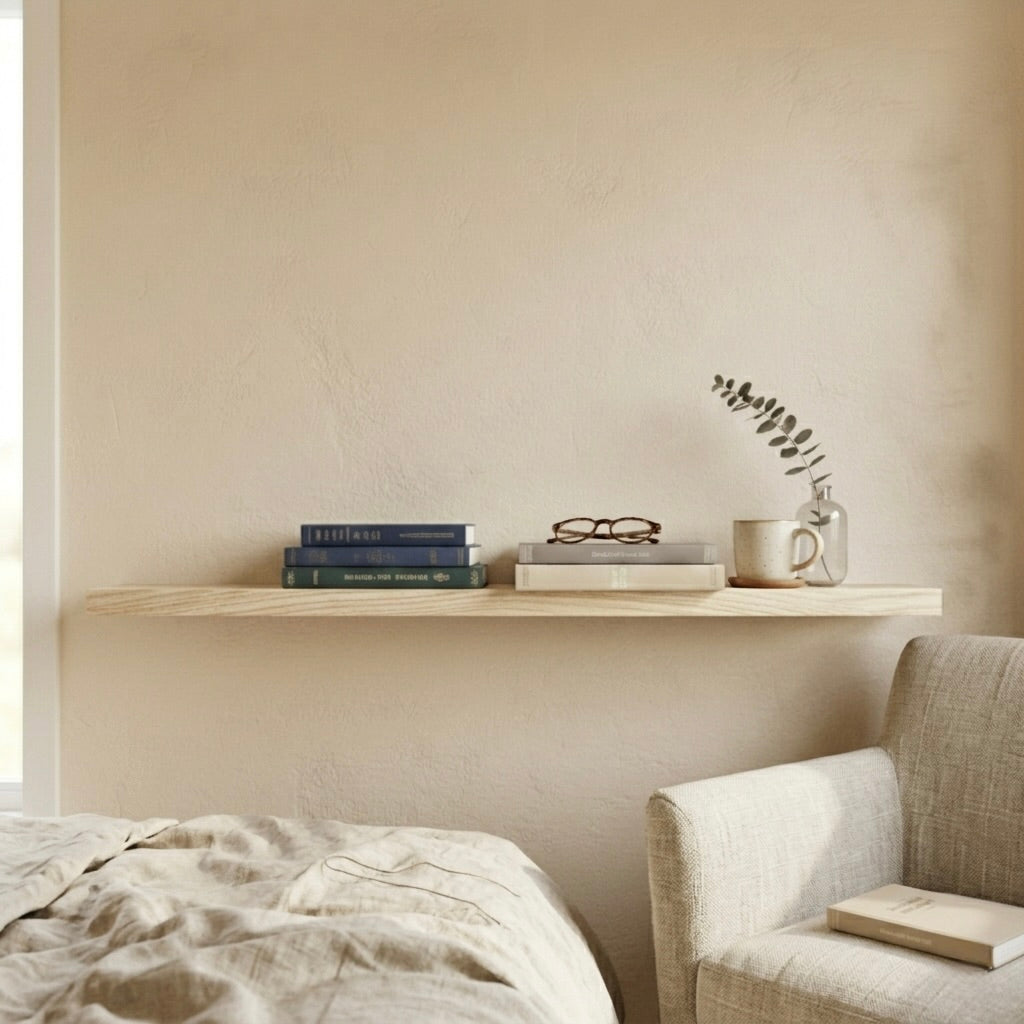 Schwebendes Wandregal aus Esche Massivholz über Sofa mit Büchern, Brille und Vase in heller, minimalistischer Wohnatmosphäre