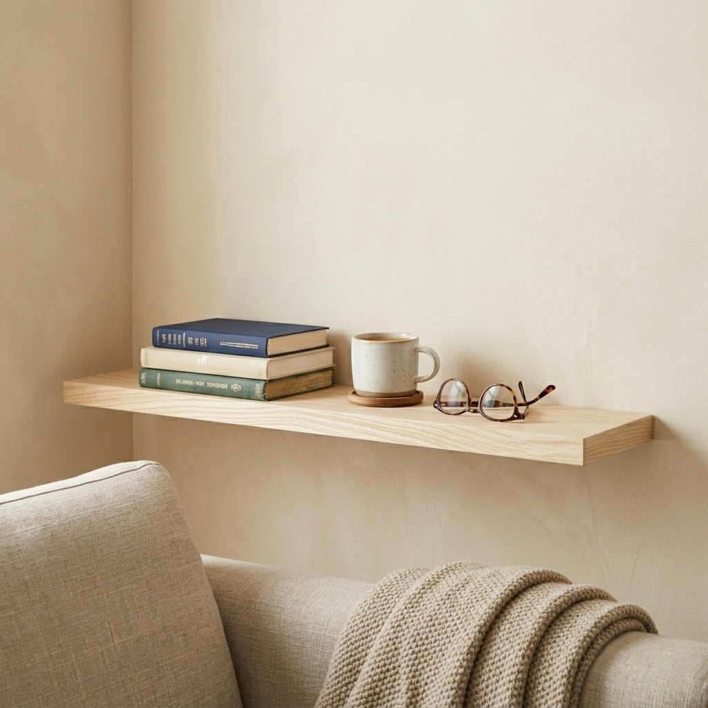 Schwebendes Wandregal aus Esche Massivholz über Sofa mit Büchern, Tasse und Brille in warmer, ruhiger Wohnatmosphäre