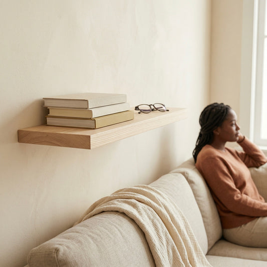 Schwebendes Wandregal aus Esche mit Büchern über einem Sofa in ruhiger, wohnlicher Umgebung