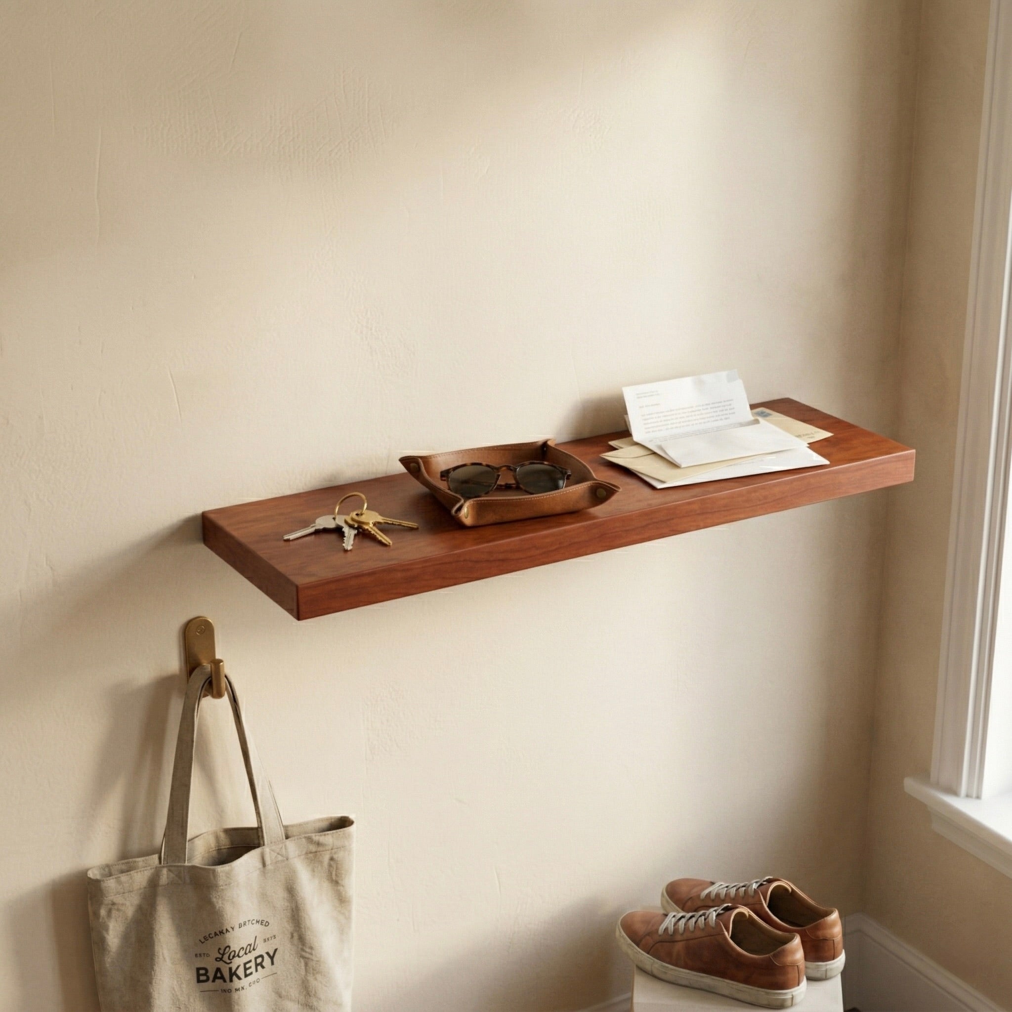 Schwebendes Wandregal aus Kirschbaum furniert im Flur als Ablage für Schlüssel, Post und Accessoires in warmer Atmosphäre