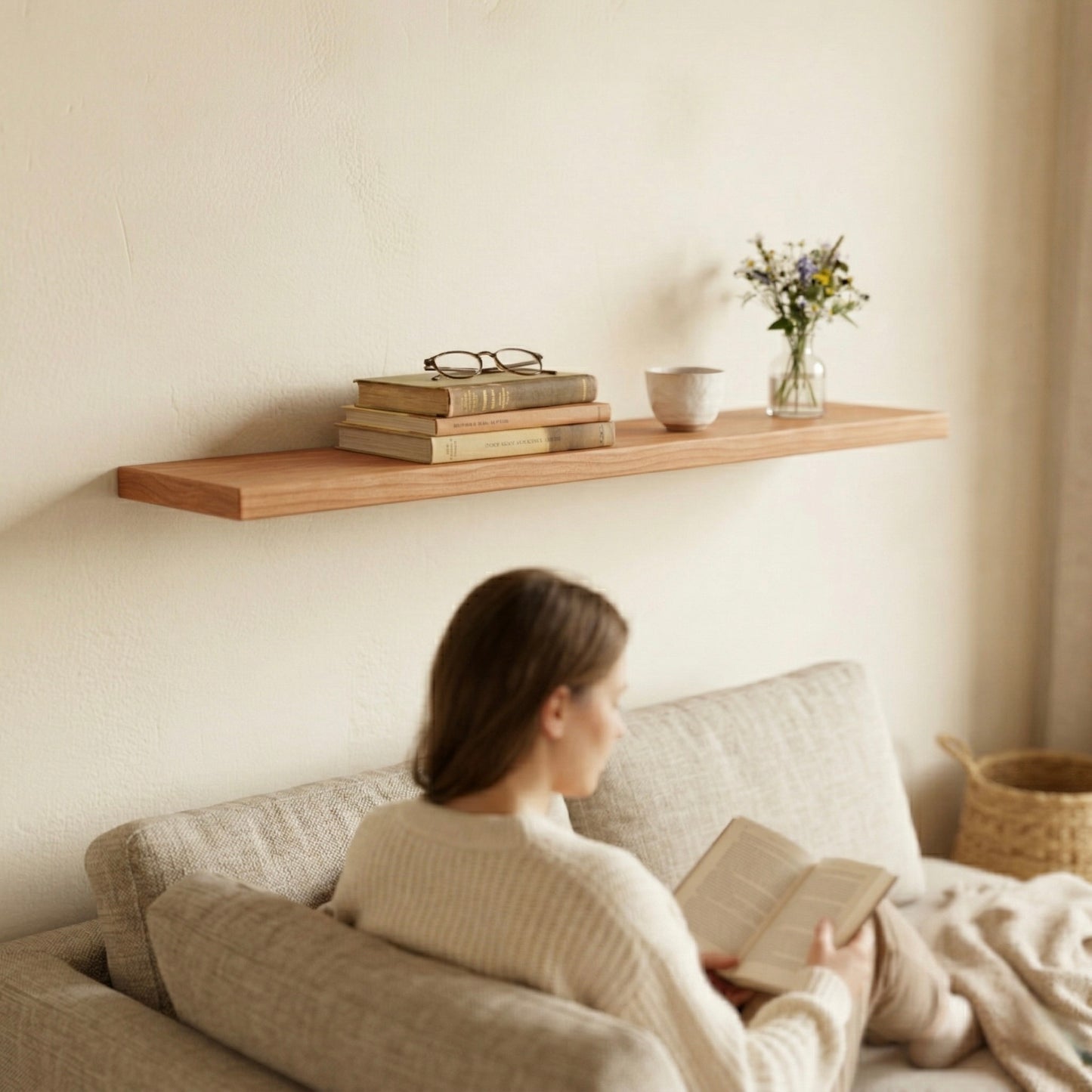 Schwebendes Wandregal aus Kirschbaum furniert über Sofa mit Büchern und Deko, Frau liest in gemütlicher Wohnzimmeratmosphäre