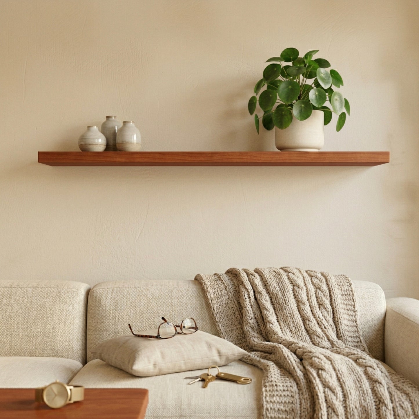 Schwebendes Wandregal aus Kirschbaum furniert über Sofa mit Pflanze und Keramikvasen in warmer, wohnlicher Atmosphäre