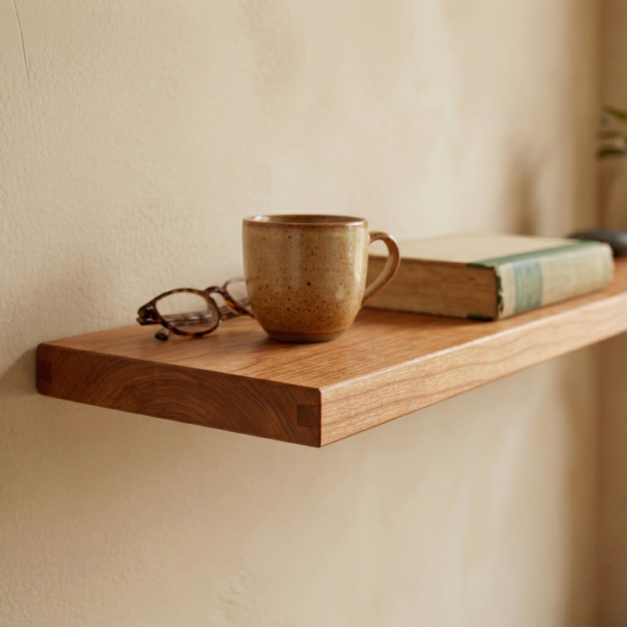 Schwebendes Wandregal aus Kirschbaum mit Tasse, Buch und Brille in warmem Licht