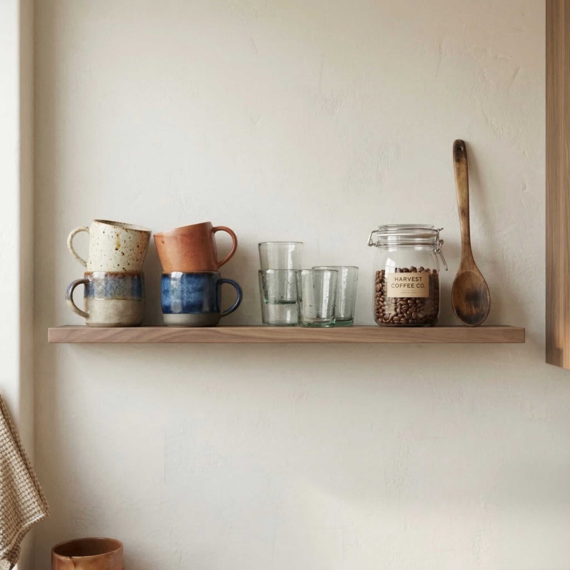 Schwebendes Wandregal aus Nussbaum furniert in der Küche mit Tassen, Gläsern und Vorratsglas in natürlicher Atmosphäre