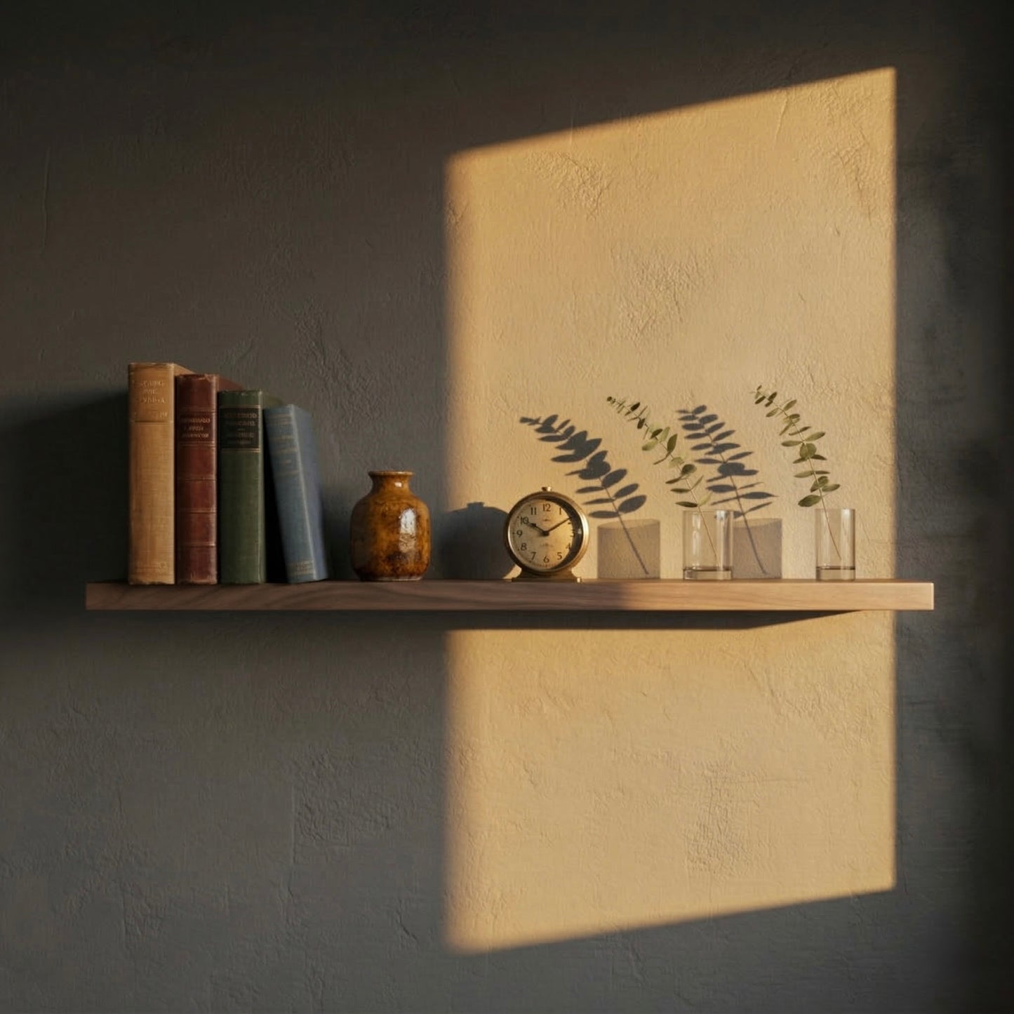 Schwebendes Wandregal aus Nussbaum furniert mit Büchern und Deko im warmen Sonnenlicht mit markantem Schattenwurf an der Wand
