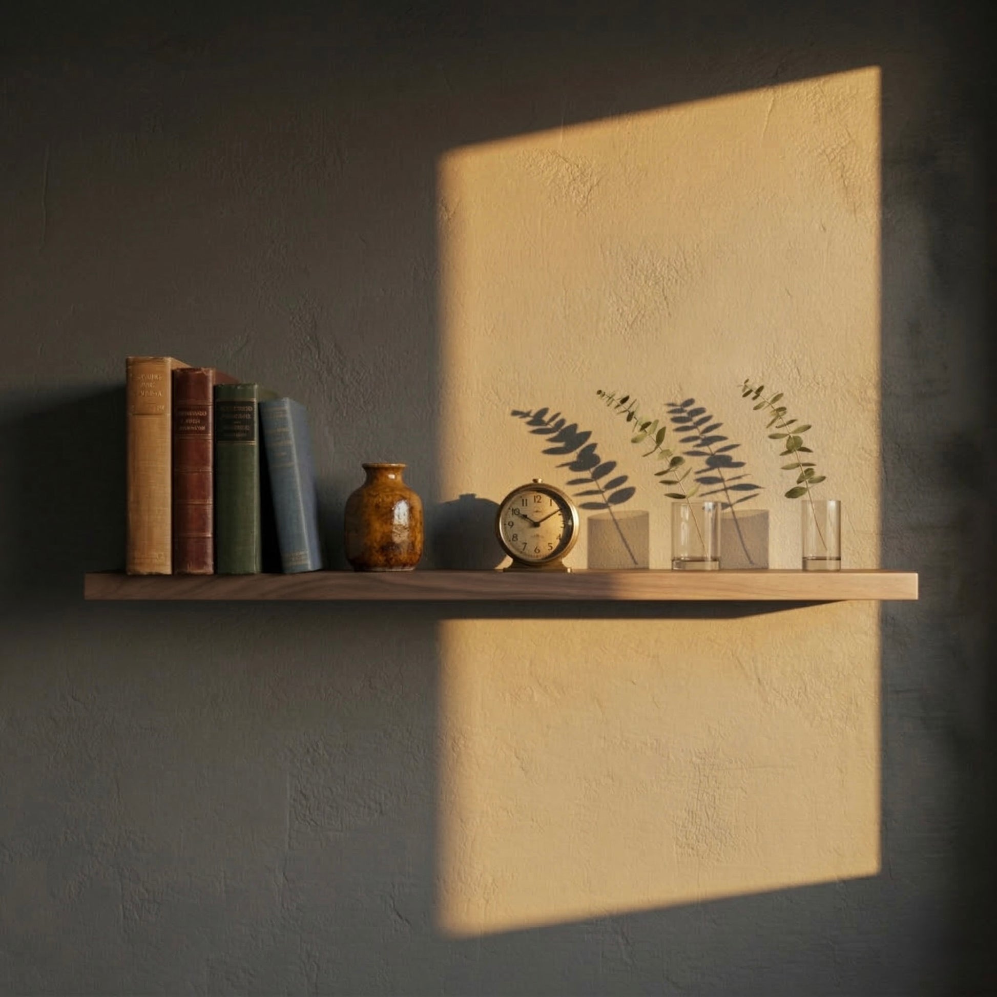 Schwebendes Wandregal aus Nussbaum furniert mit Büchern und Deko im warmen Sonnenlicht mit markantem Schattenwurf an der Wand