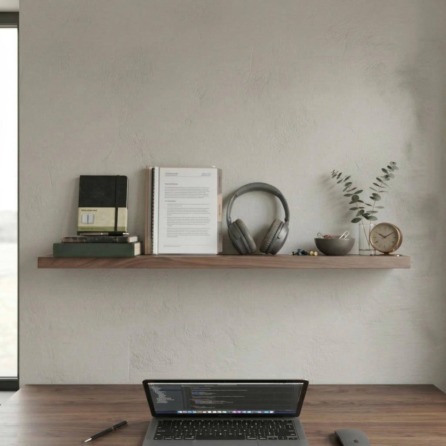 Schwebendes Wandregal aus massivem Nussbaum über einem Schreibtisch mit Büchern, Kopfhörern und Arbeitsutensilien