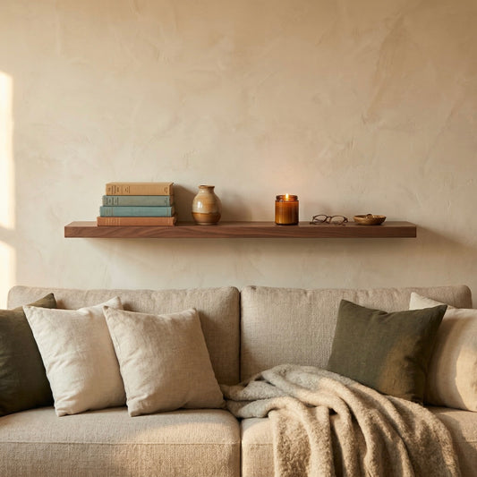 Schwebendes Wandregal aus massivem Nussbaum über einem Sofa mit Büchern, Kerze und dekorativen Accessoires