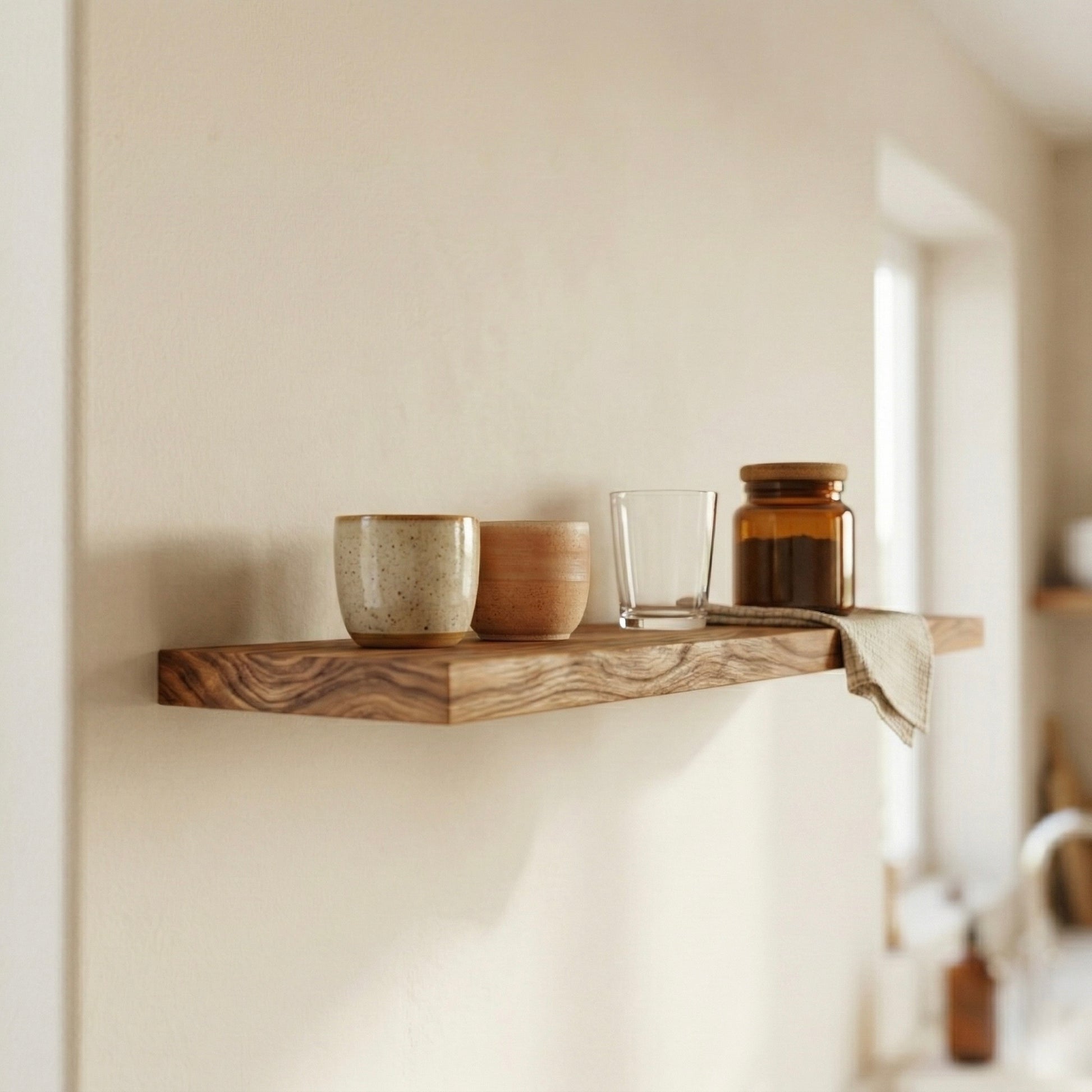 Schwebendes Wandregal aus Rüster furniert in der Küche mit Tassen, Glas und Vorratsglas in heller, natürlicher Atmosphäre