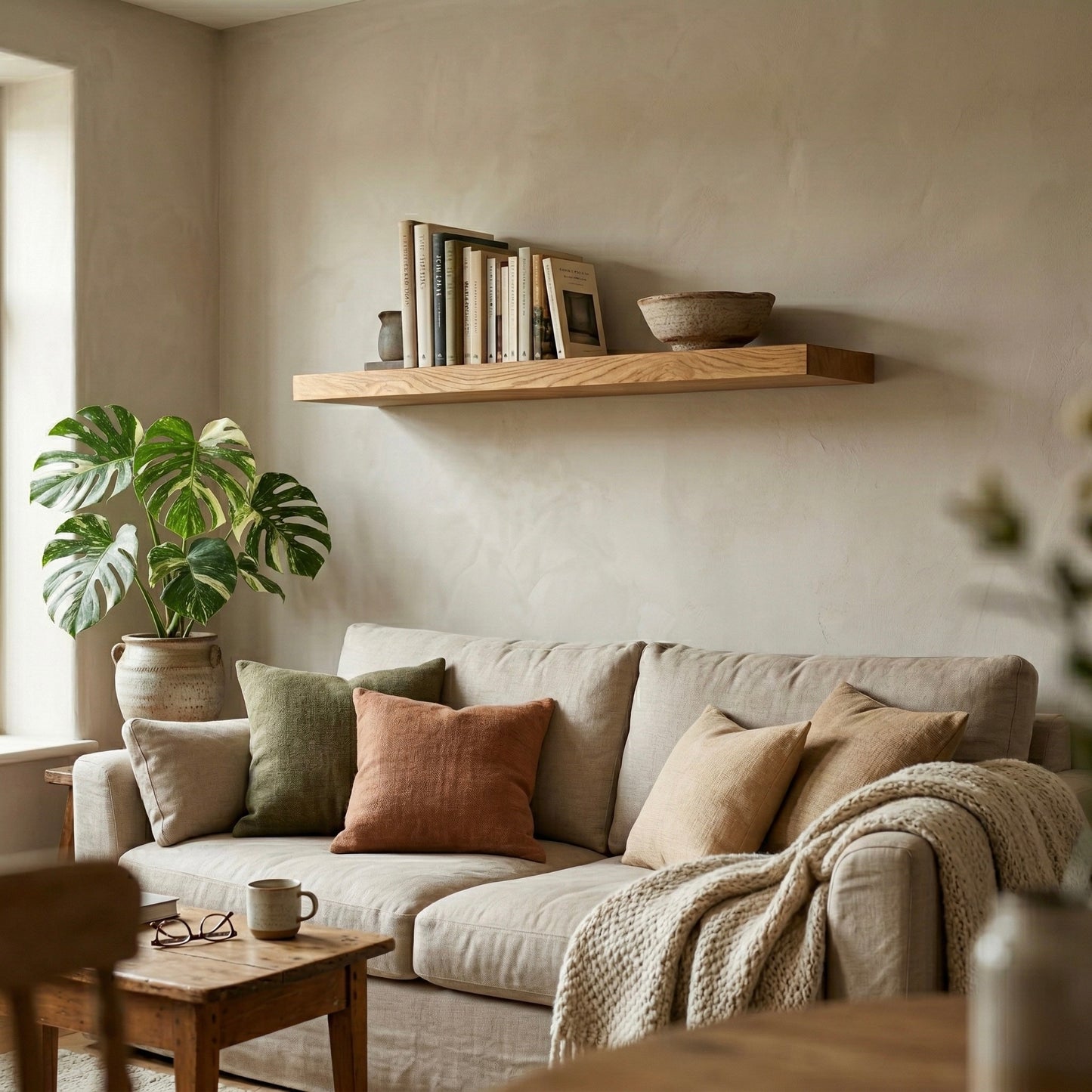 Schwebendes Wandregal aus Rüster furniert über Sofa mit Büchern und Schale in warmer, wohnlicher Wohnzimmeratmosphäre